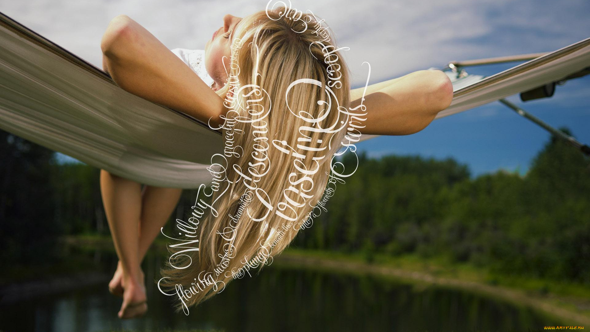 разное, компьютерный, дизайн, озеро, надписи, гамак, девушка, блондинка