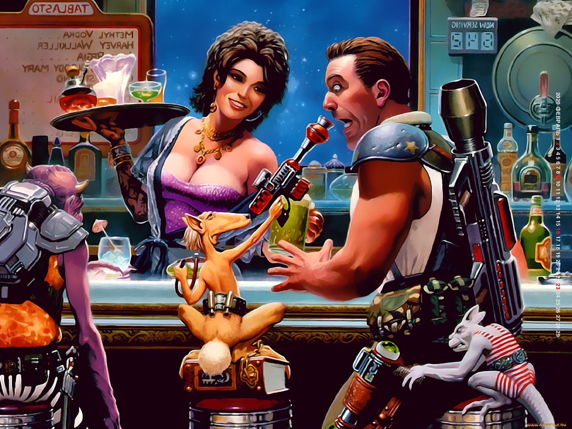 календари, фэнтези, мужчина, женщина, бар, существо, оружие, официантка, calendar, 2020