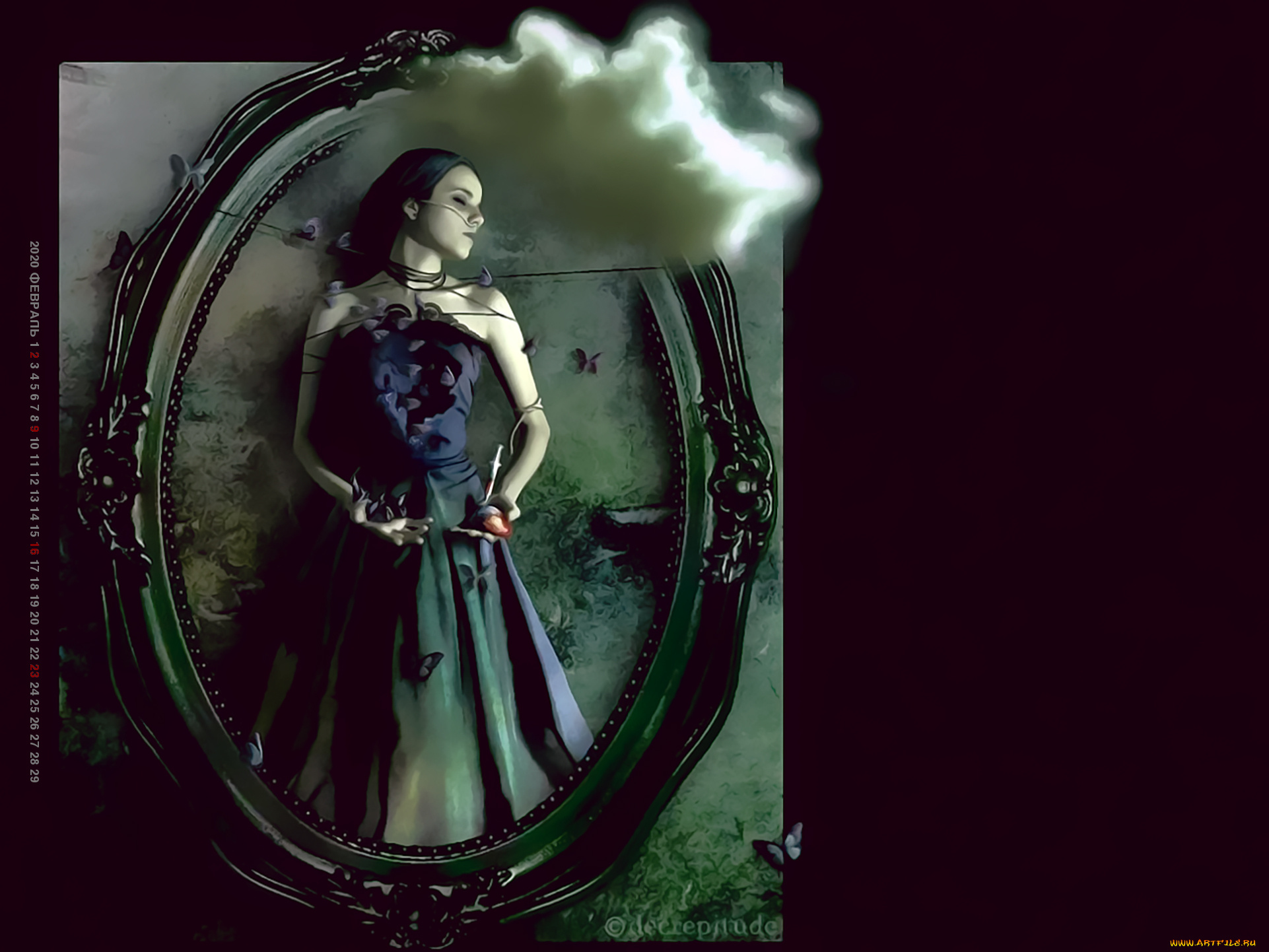 календари, фэнтези, облако, 2020, calendar, фон, черный, девушка, рамка