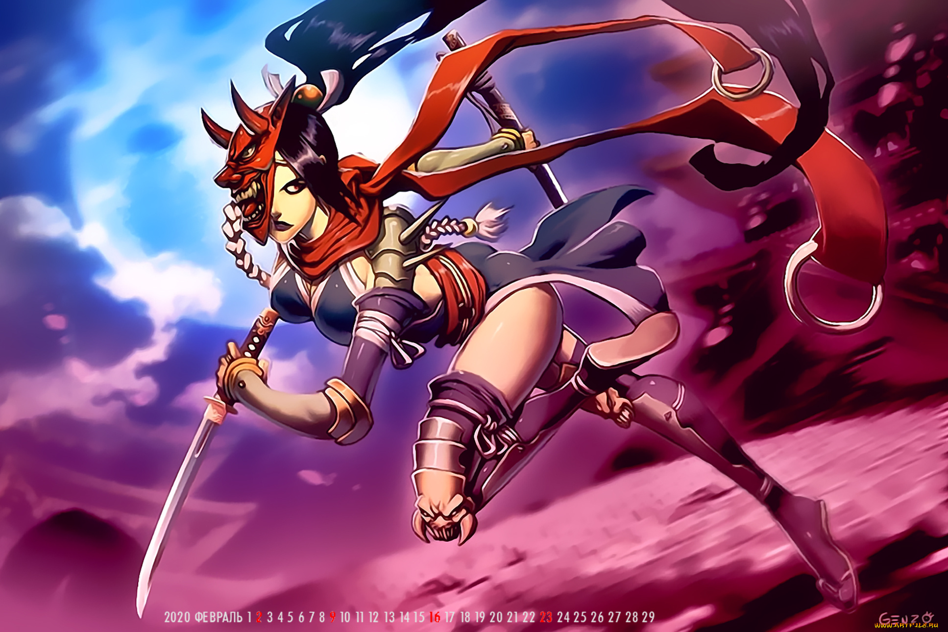 календари, аниме, 2020, calendar, воительница, оружие, маска, девушка