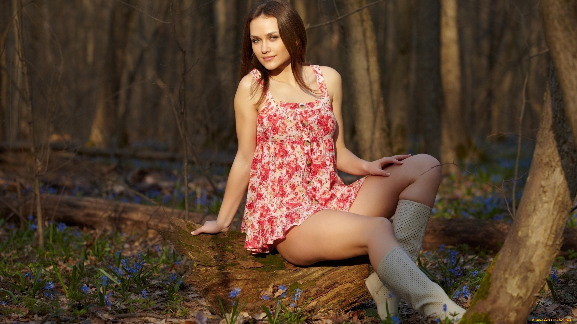 девушки, -, брюнетки, , шатенки, лес, весна, подснежники, шатенка, платье, сапоги, поза