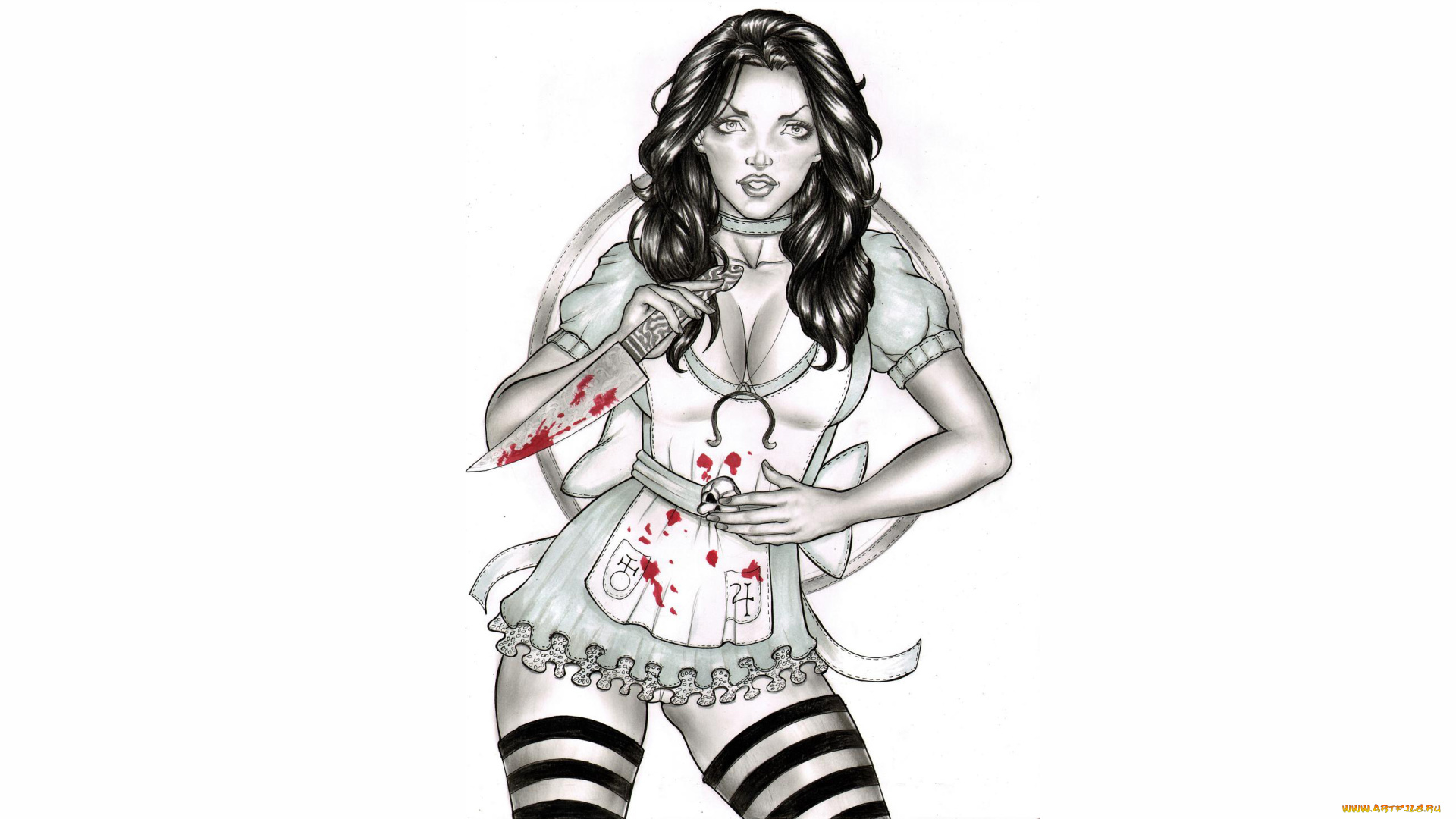 рисованное, комиксы, скетч, девушка, фон, взгляд, нож