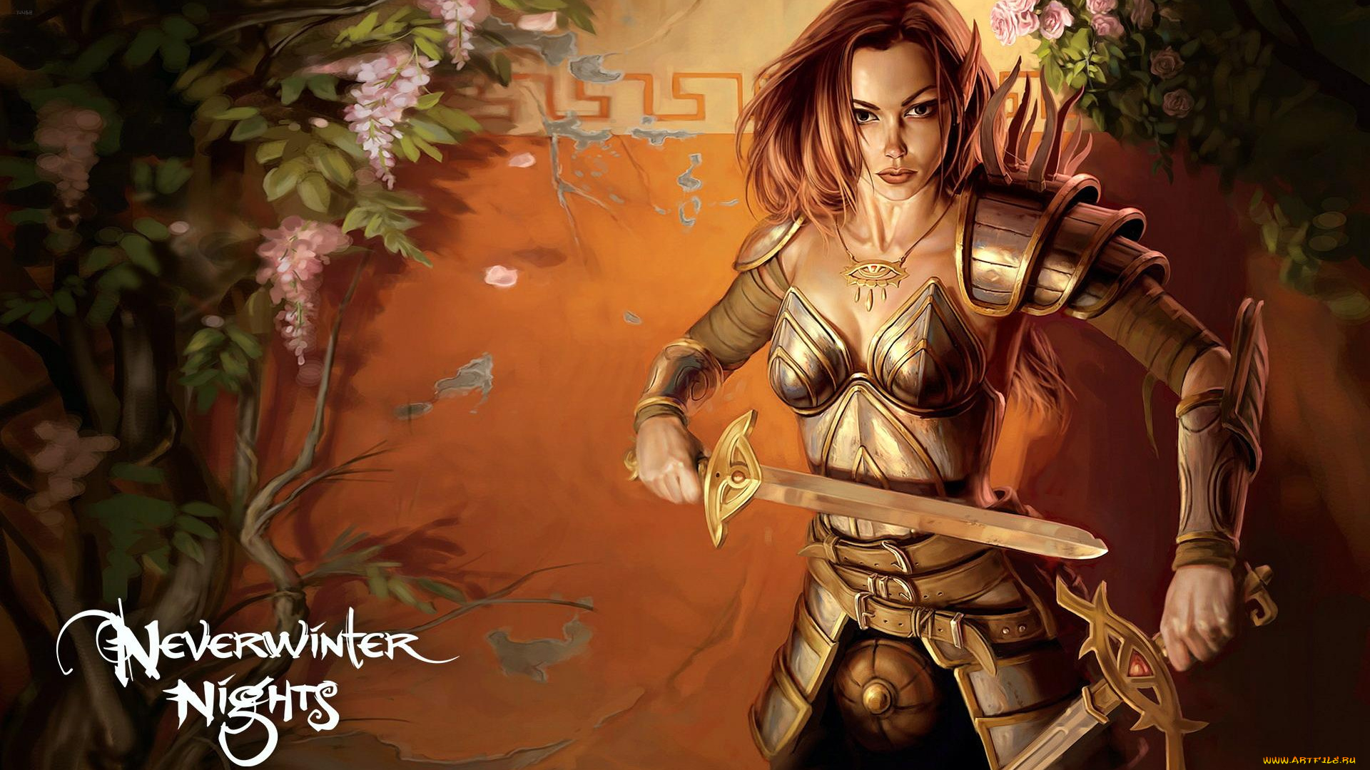видео, игры, neverwinter, nights, девушка, броня, мечи, стена, цветы