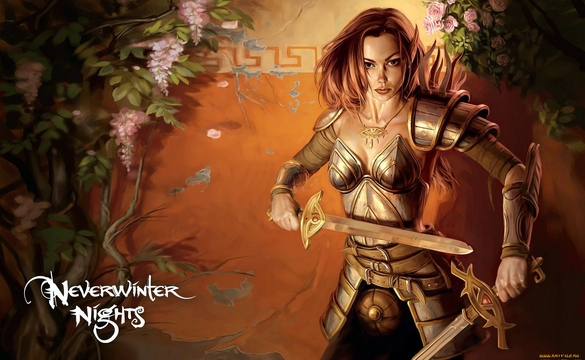видео, игры, neverwinter, nights, девушка, броня, мечи, стена, цветы