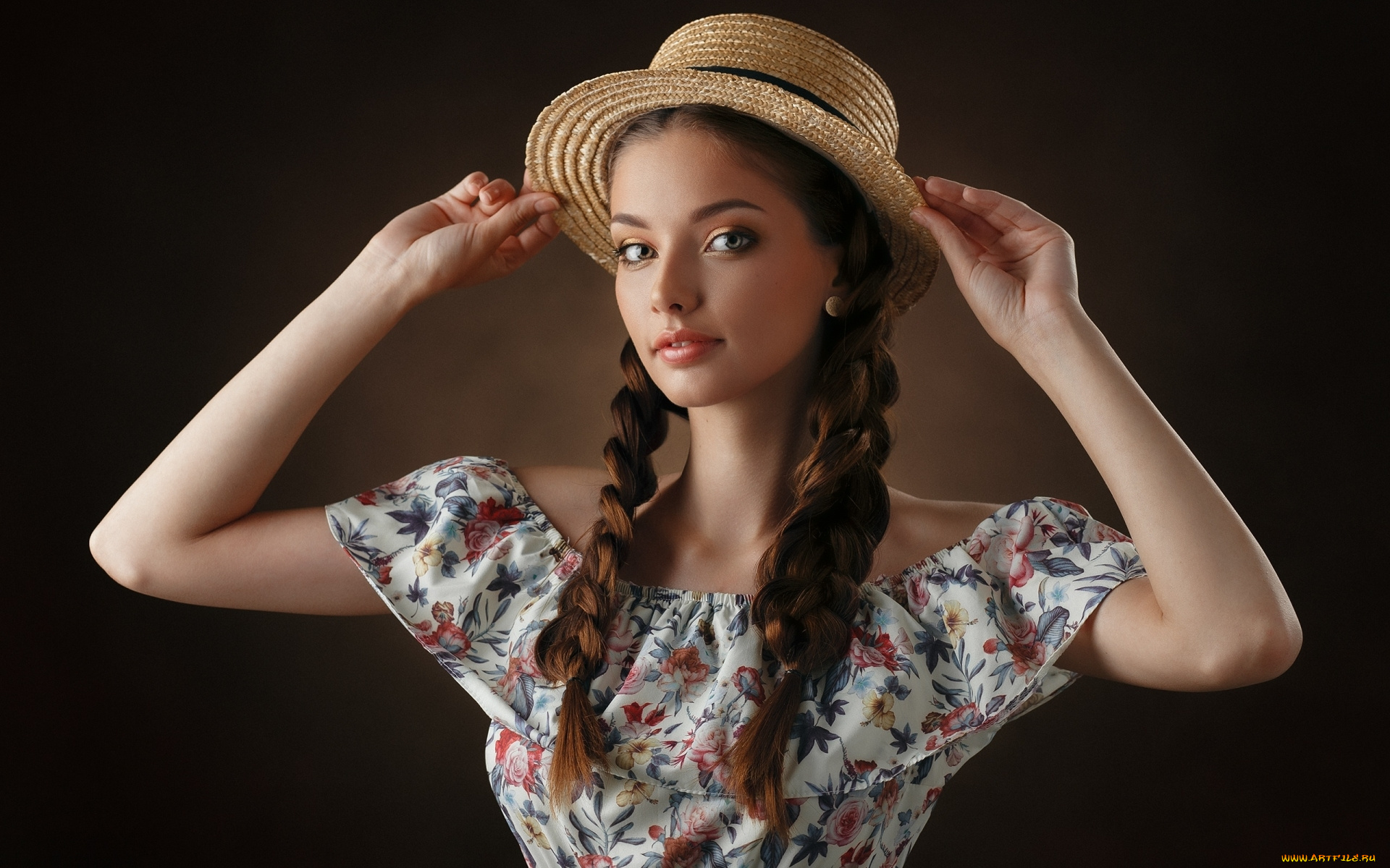 девушки, -, брюнетки, , шатенки, платье, косы, шляпа