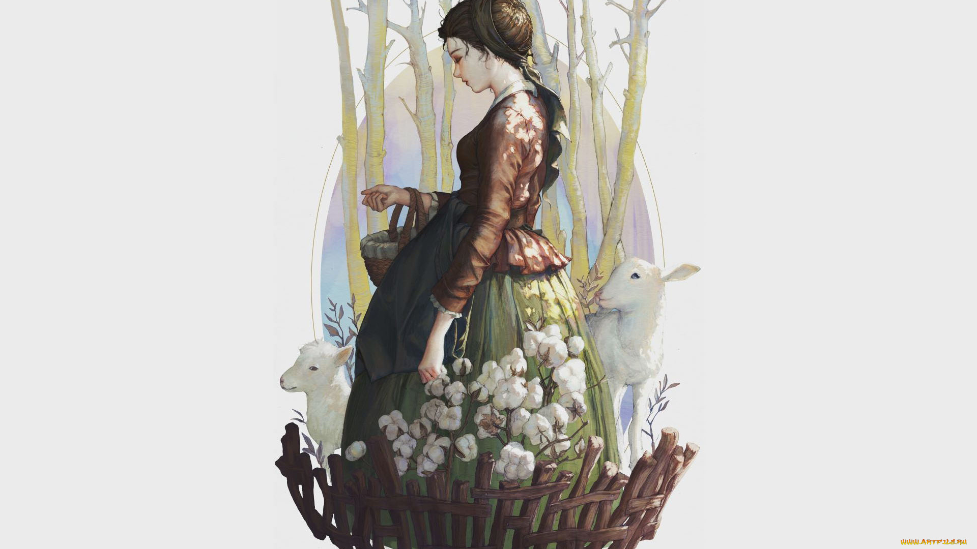 рисованное, люди, девушка, корзина, овцы, хлопок