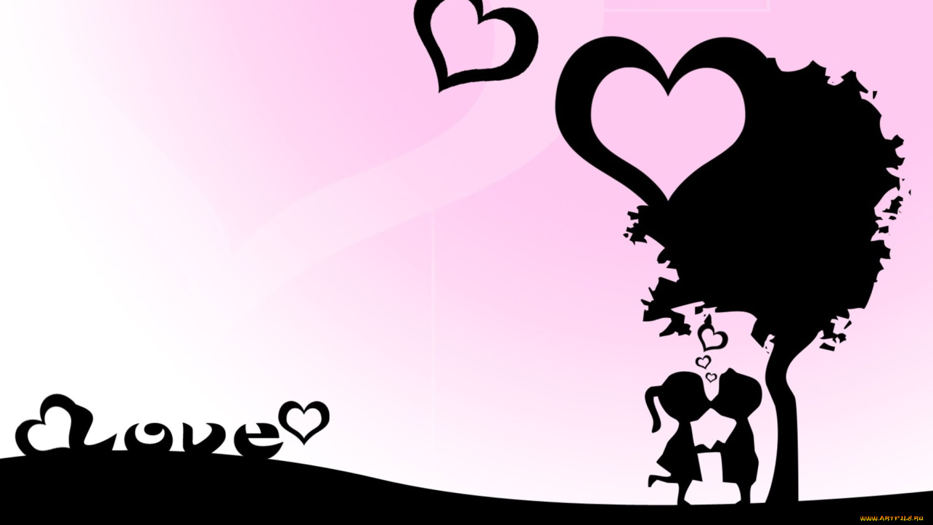 векторная, графика, люди, , people, пара, сердечки, поцелуй, дерево