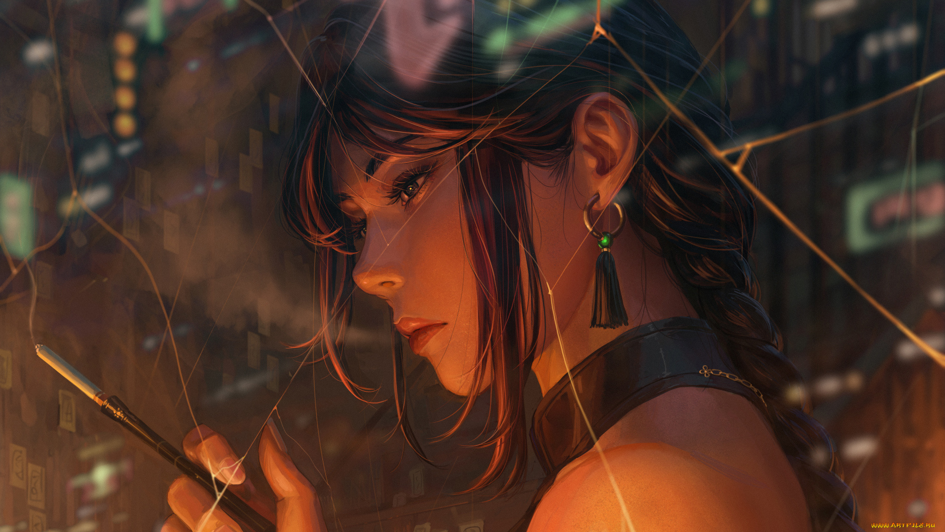 фэнтези, _guweiz, девушка, лицо, сигарета, мундштук, серьги