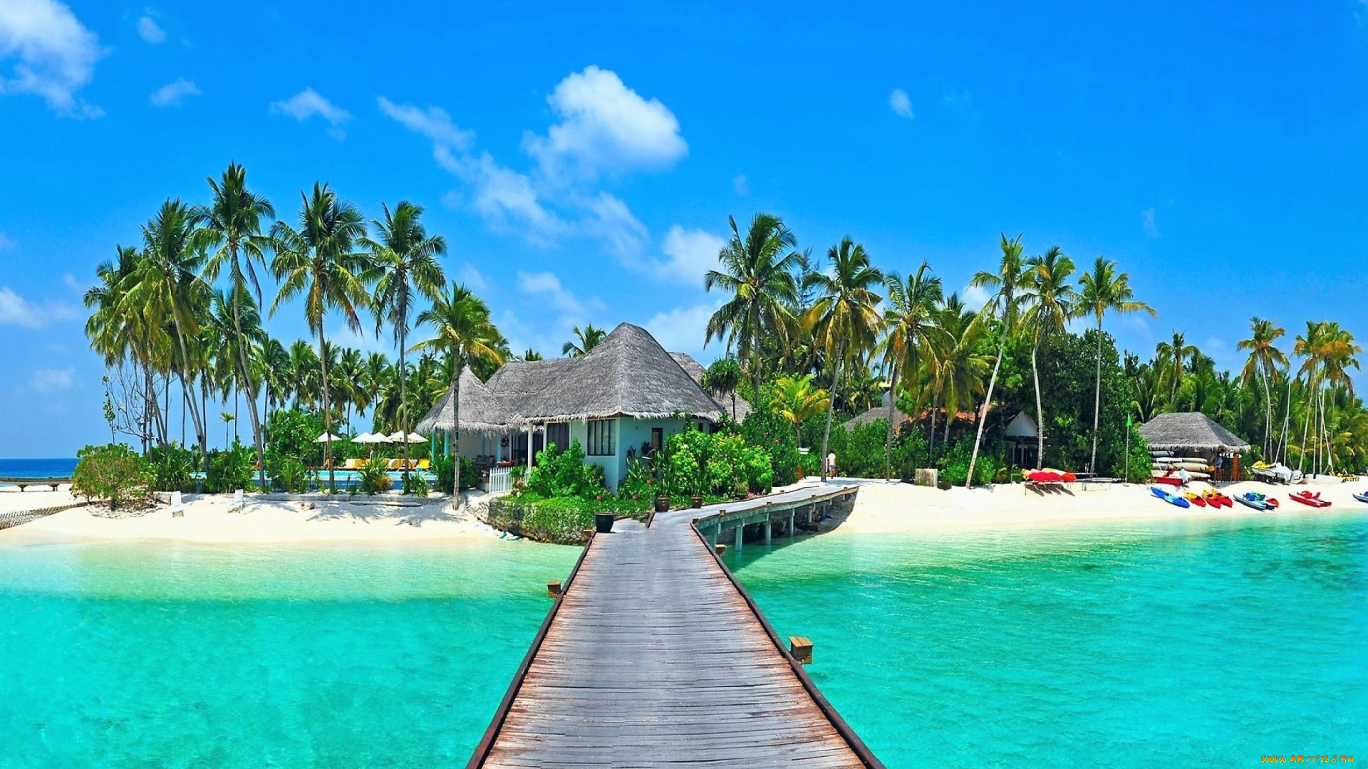 природа, тропики, море, остров, мост, дома, пальмы