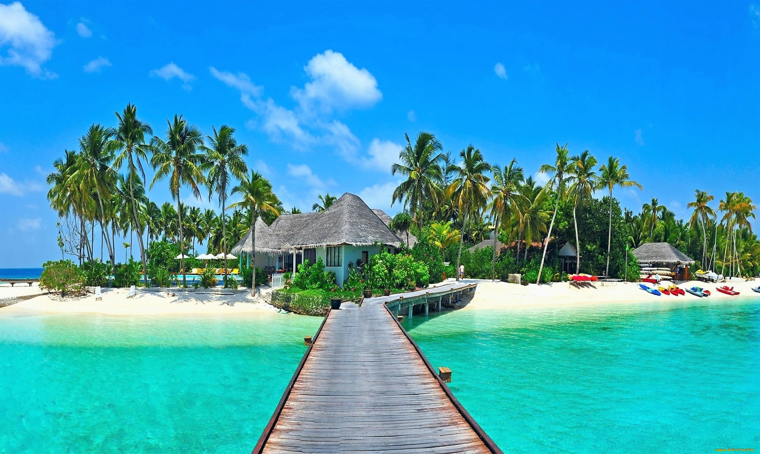 природа, тропики, море, остров, мост, дома, пальмы