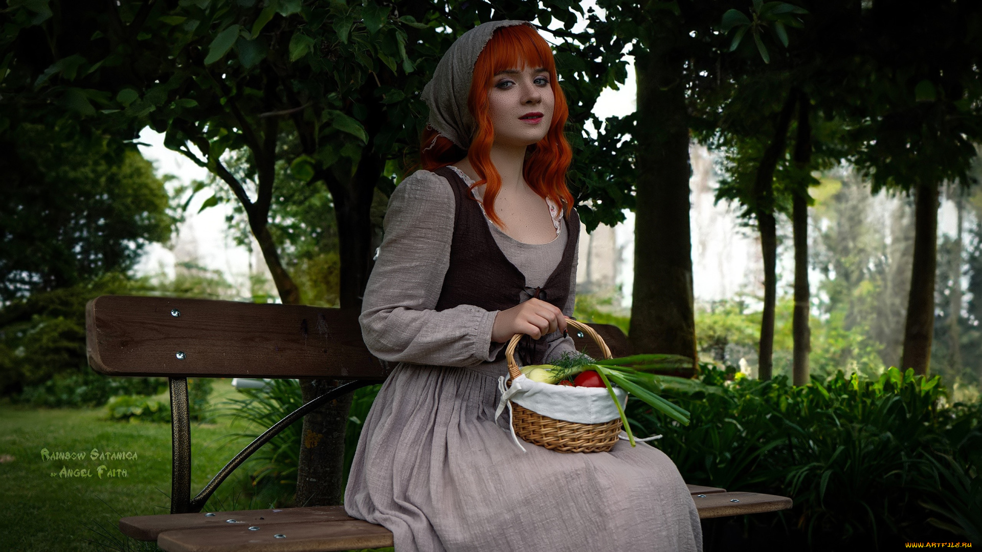 девушки, rainbow, satanica, образ, костюм, корзина, скамейка, парк