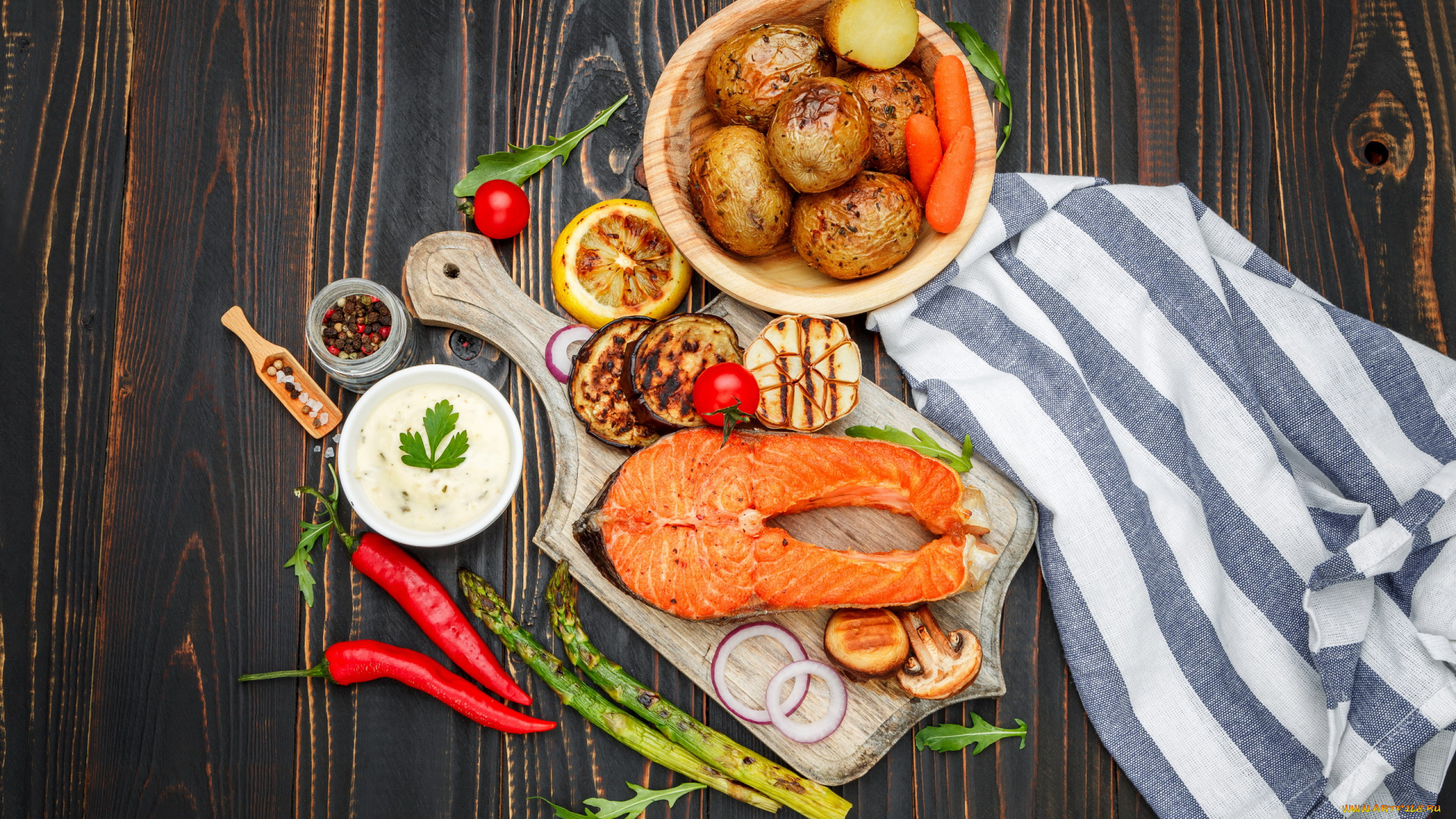 еда, рыбные, блюда, , с, морепродуктами, спаржа, форель, картофель, перец