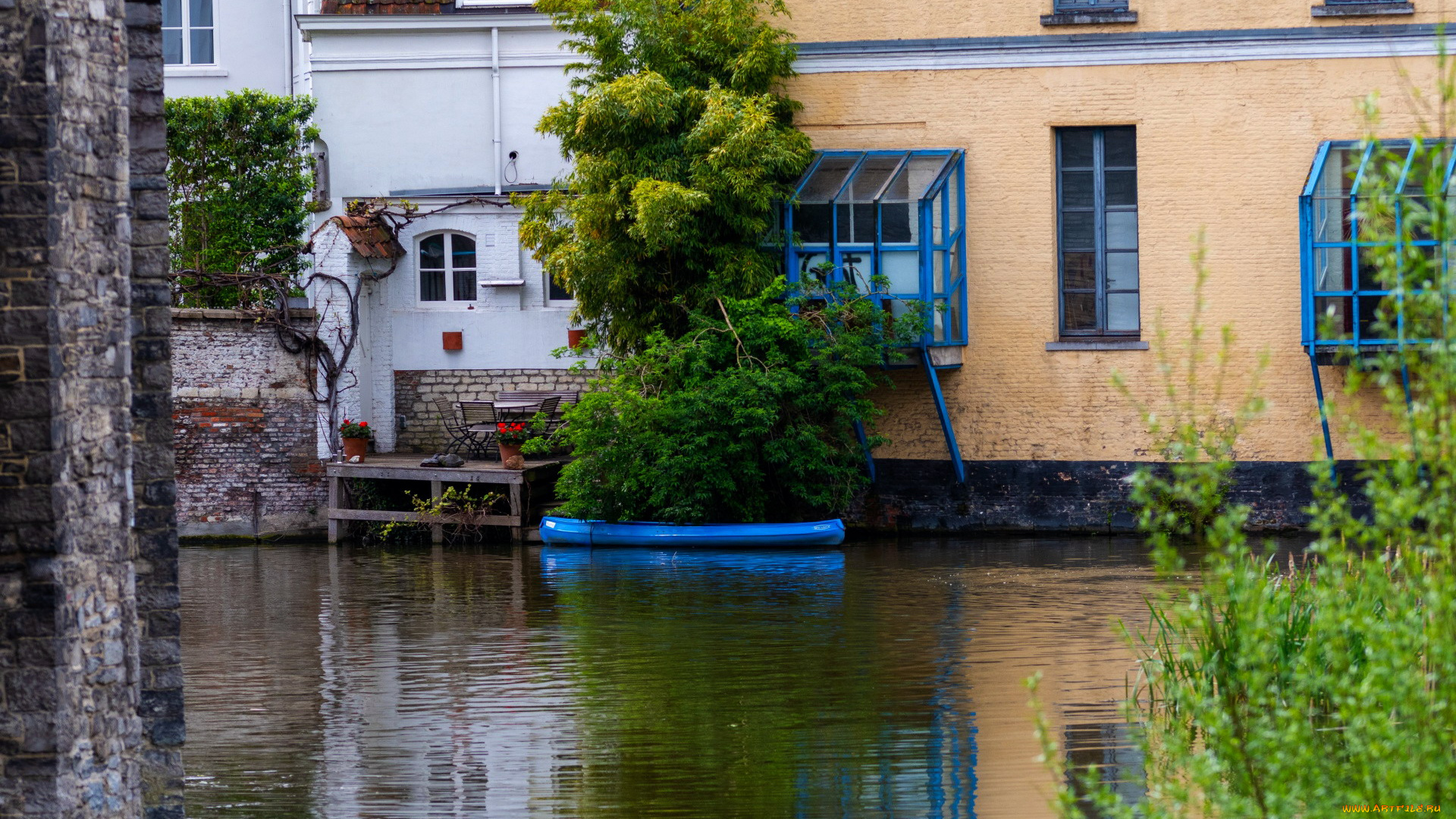 города, гент, , бельгия, река, дом, лодка
