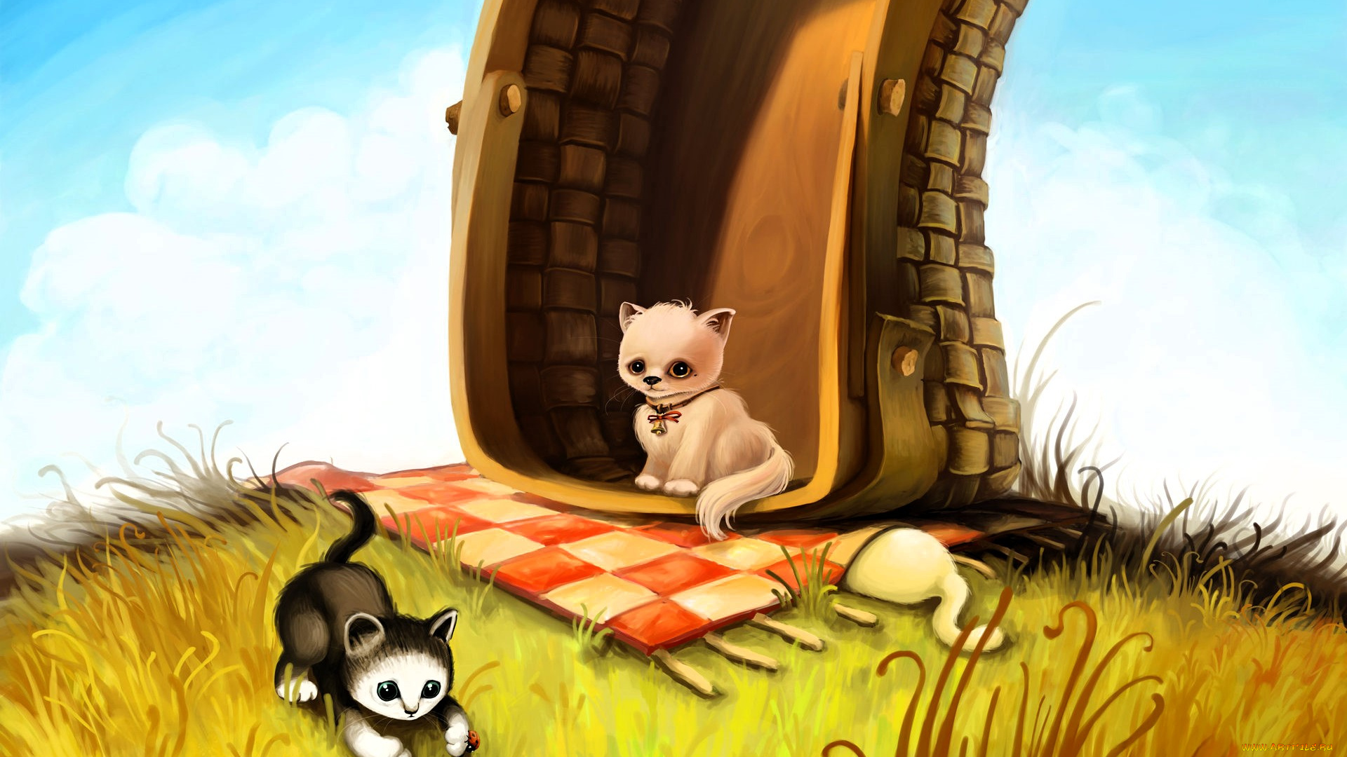 рисованное, животные, , коты, котята, корзина, коврик, пригорок