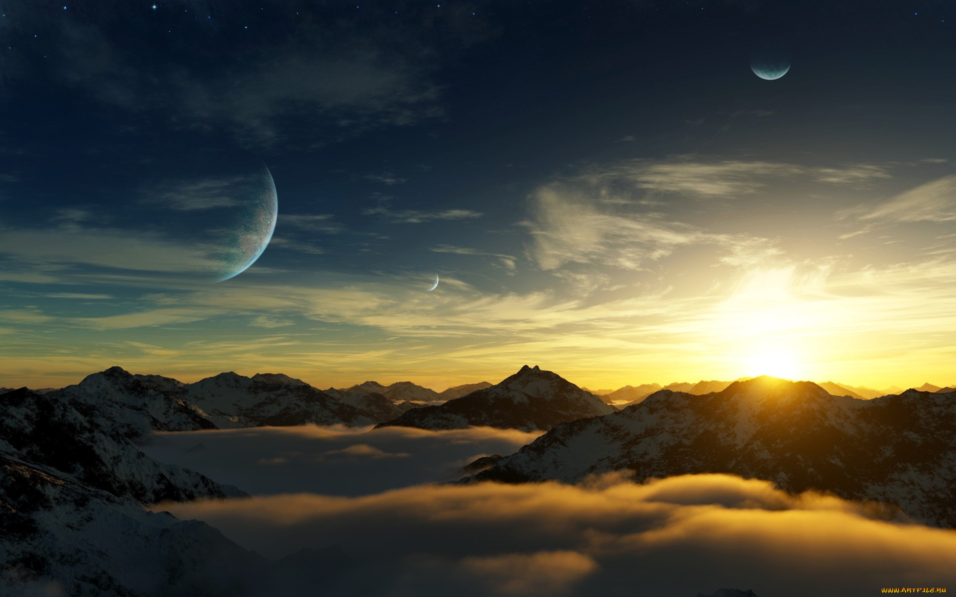 разное, компьютерный, дизайн, горы, снег, облака, небо, планеты