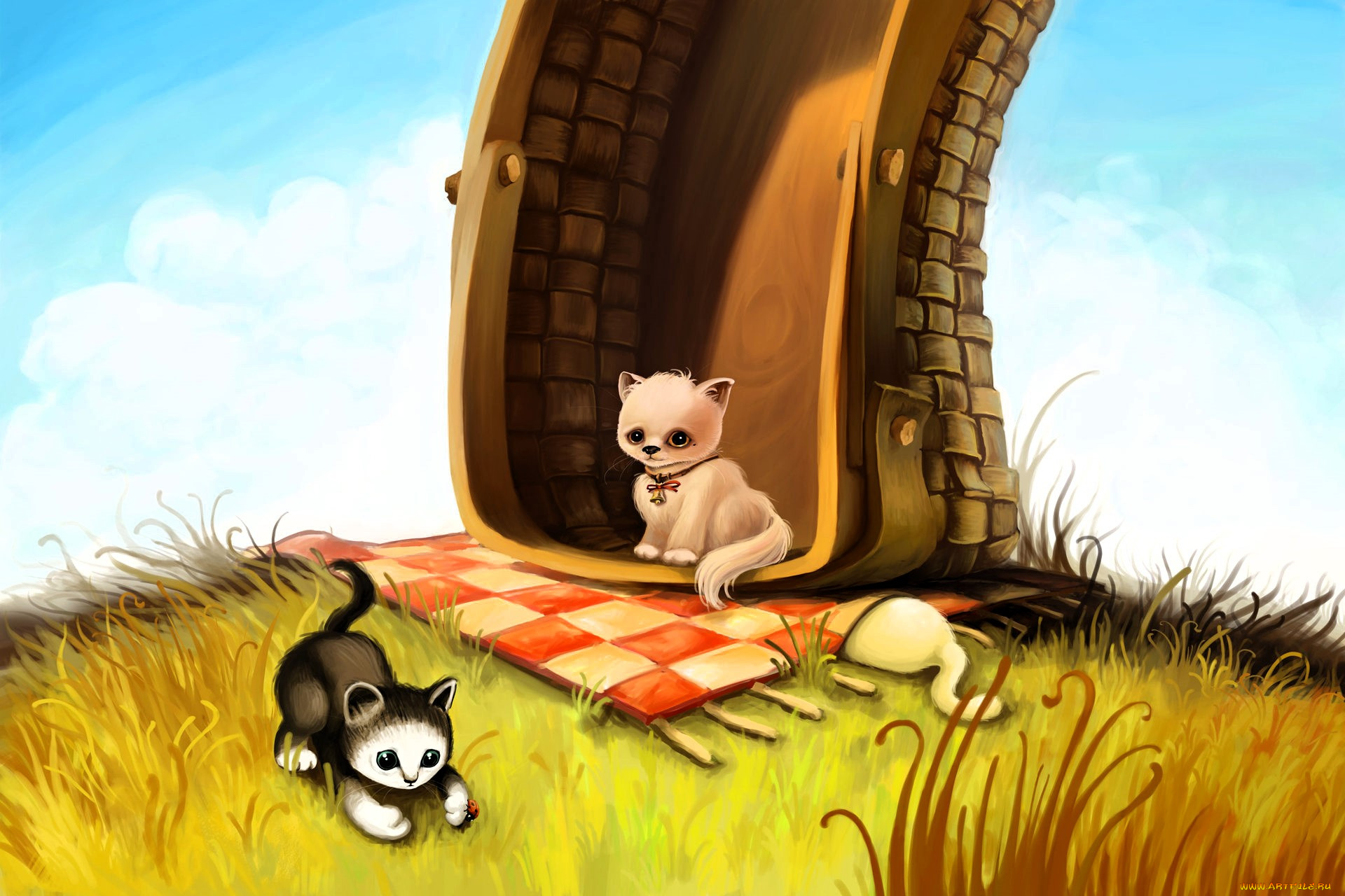 рисованное, животные, , коты, котята, корзина, коврик, пригорок