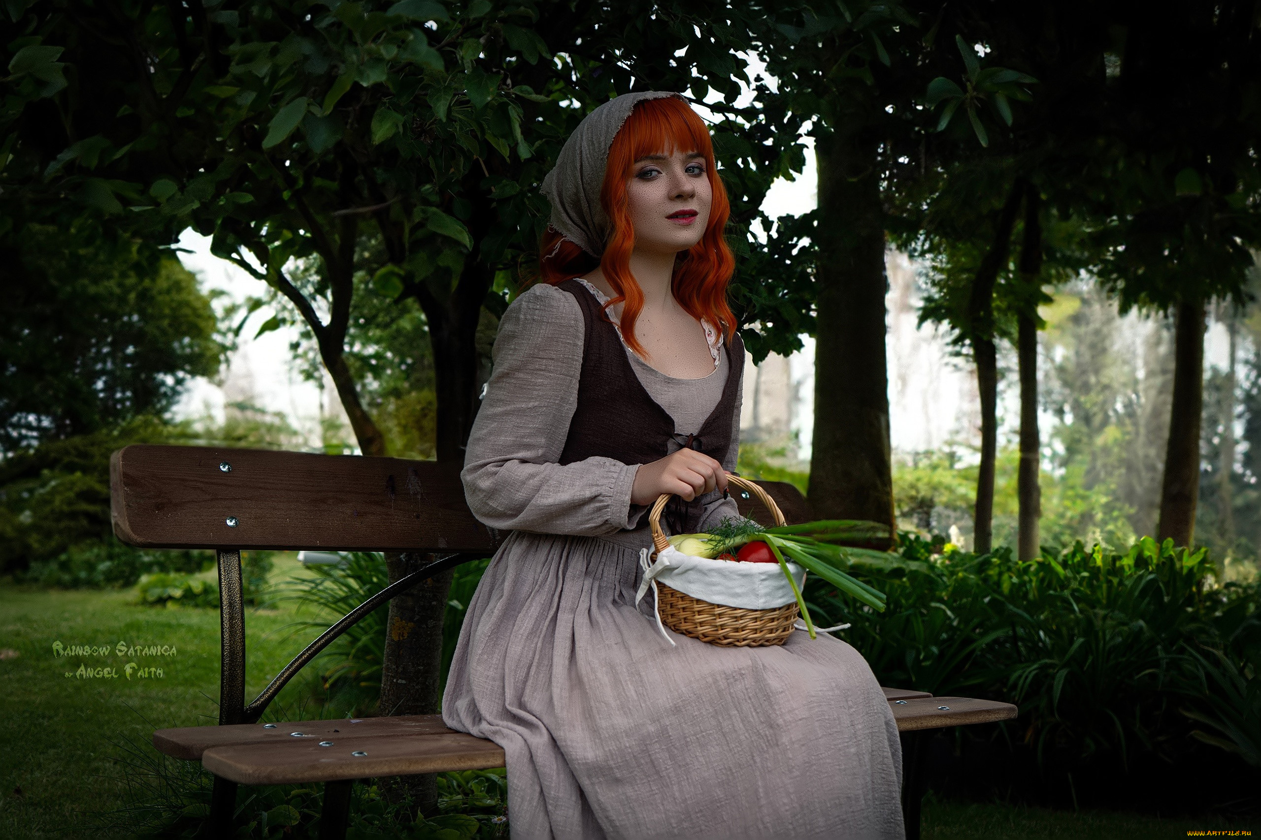 девушки, rainbow, satanica, образ, костюм, корзина, скамейка, парк
