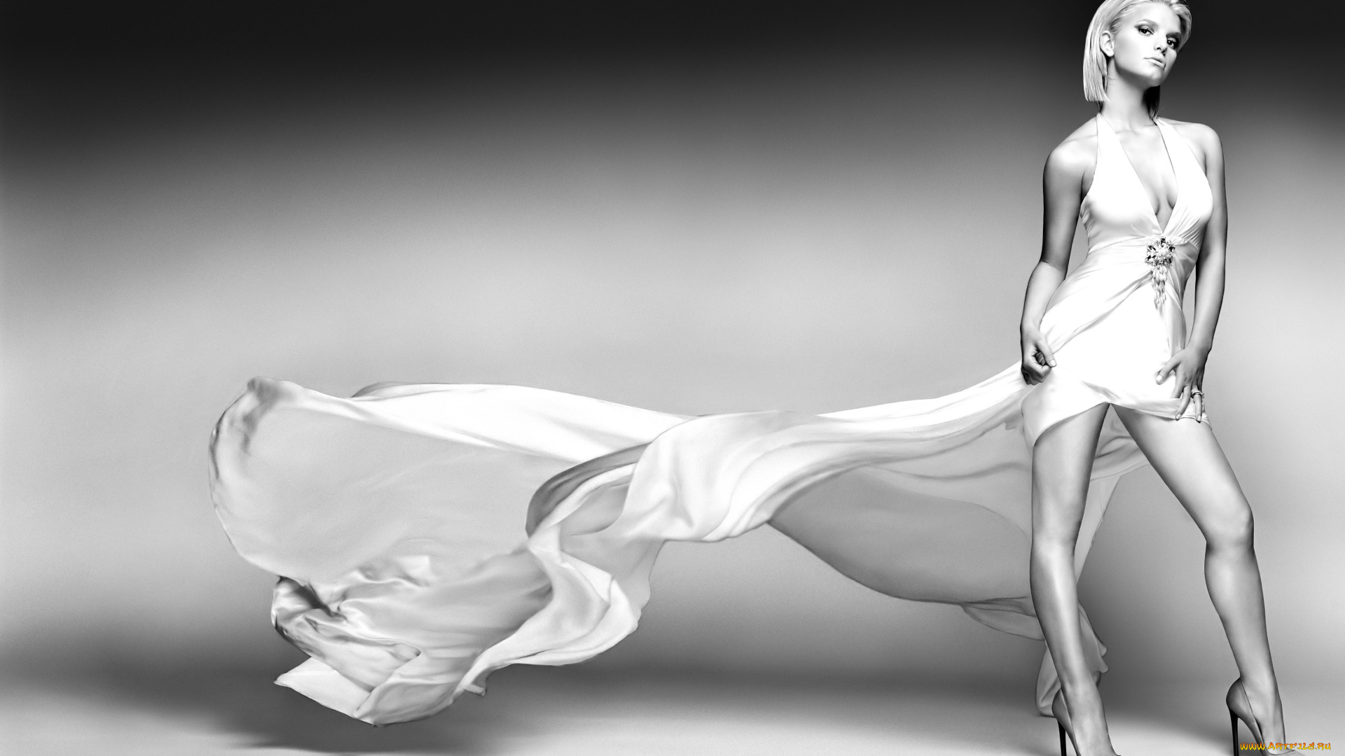 девушки, jessica, simpson, блондинка, певица, актриса, платье, шлейф, каблуки, черно-белая