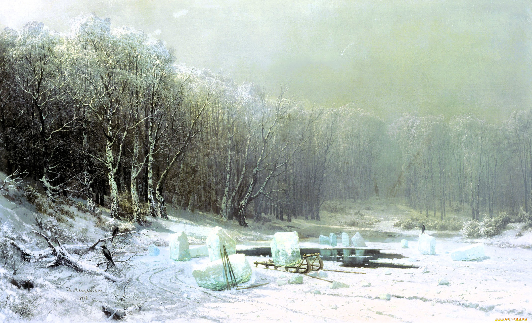 мещерский, арсений, -, зима, , ледокол, рисованное, арсений, мещерский, зима, снег, лед, река, сани, прорубь, лес