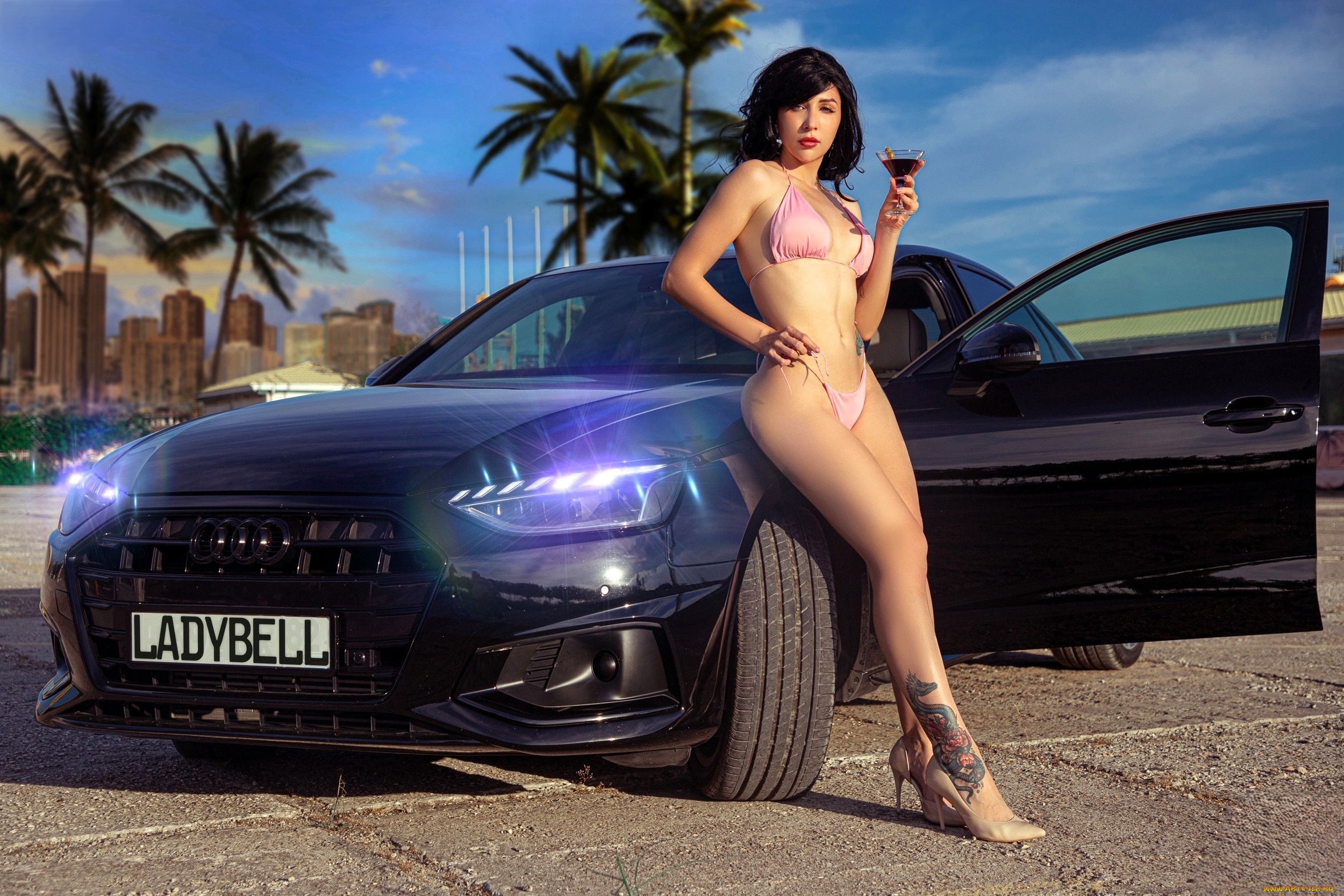 ladybell, девушки, -, креатив, , косплей, косплей, образ, брюнетка, купальник, бокал, машина, пальмы, город
