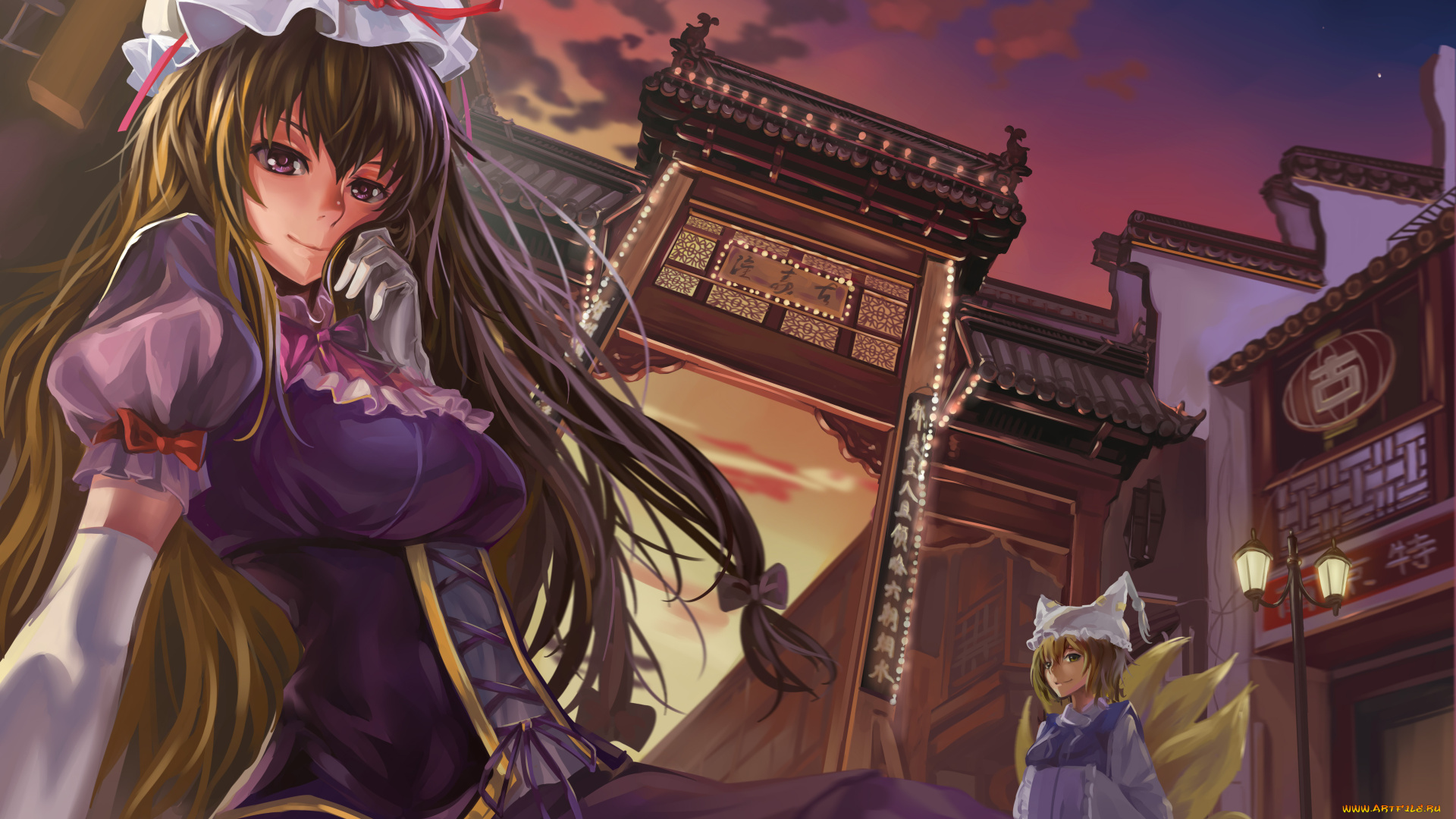 аниме, touhou, бантики, вечер, фонарь, город