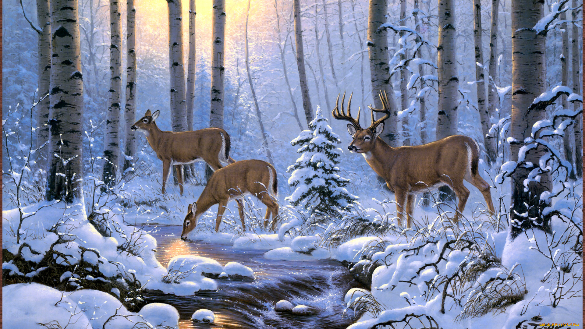 derk, hansen, winter, sunrise, рисованные, арт, деревья, ручей, снег, лес, олени, зима