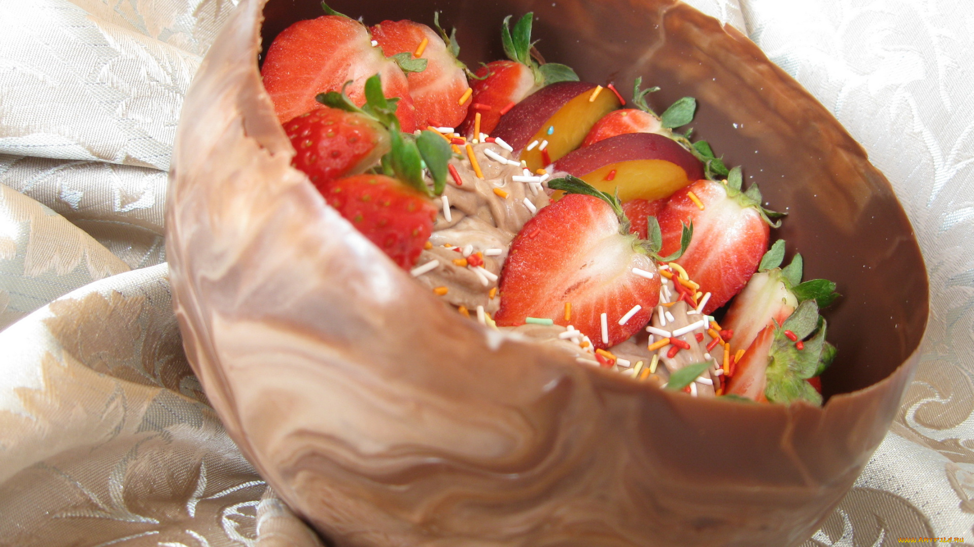 еда, мороженое, десерты, шоколадная, чаша, клубника, яблоки