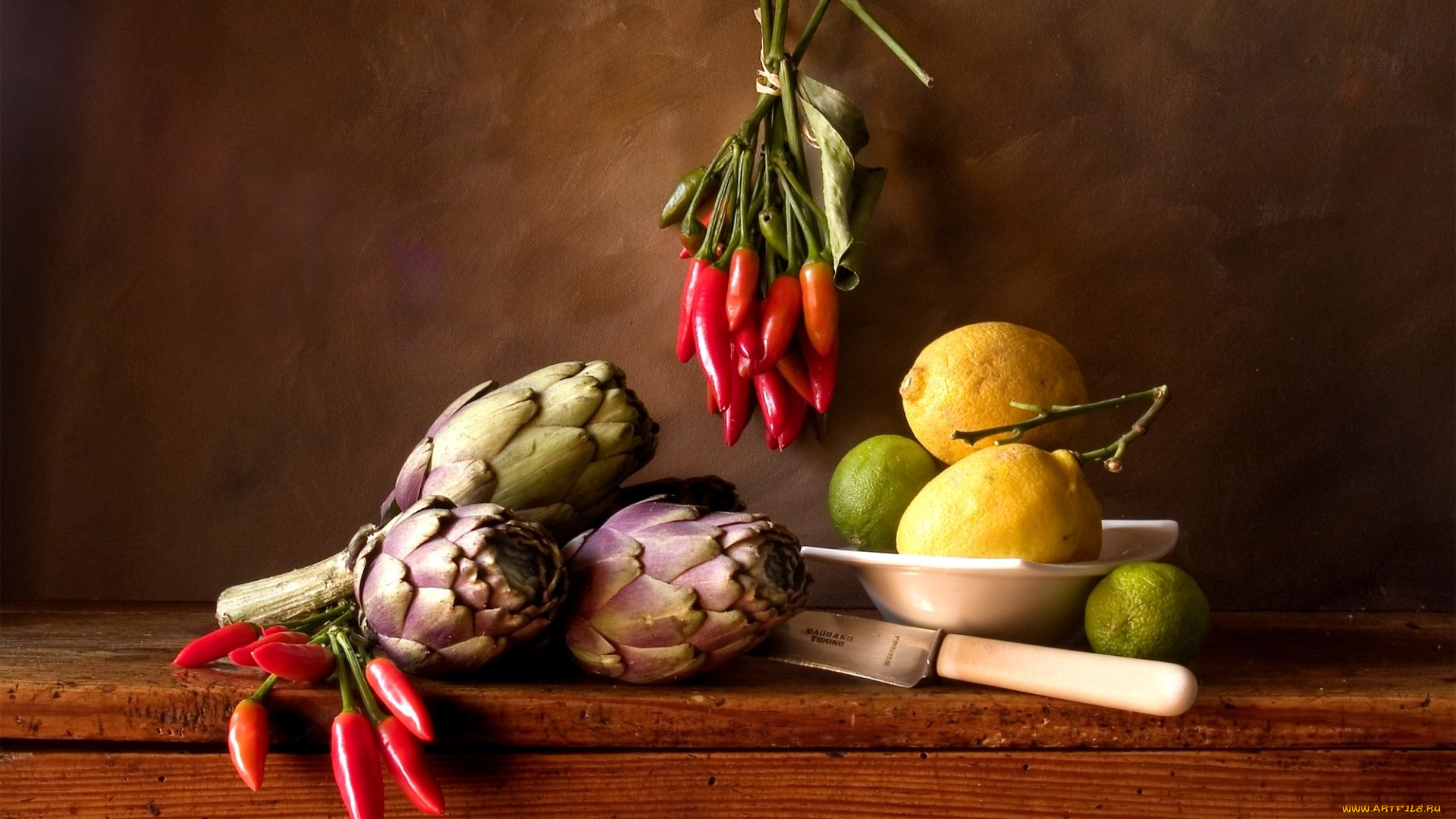 еда, натюрморт, нож, лайм, лимон, перец, артишок