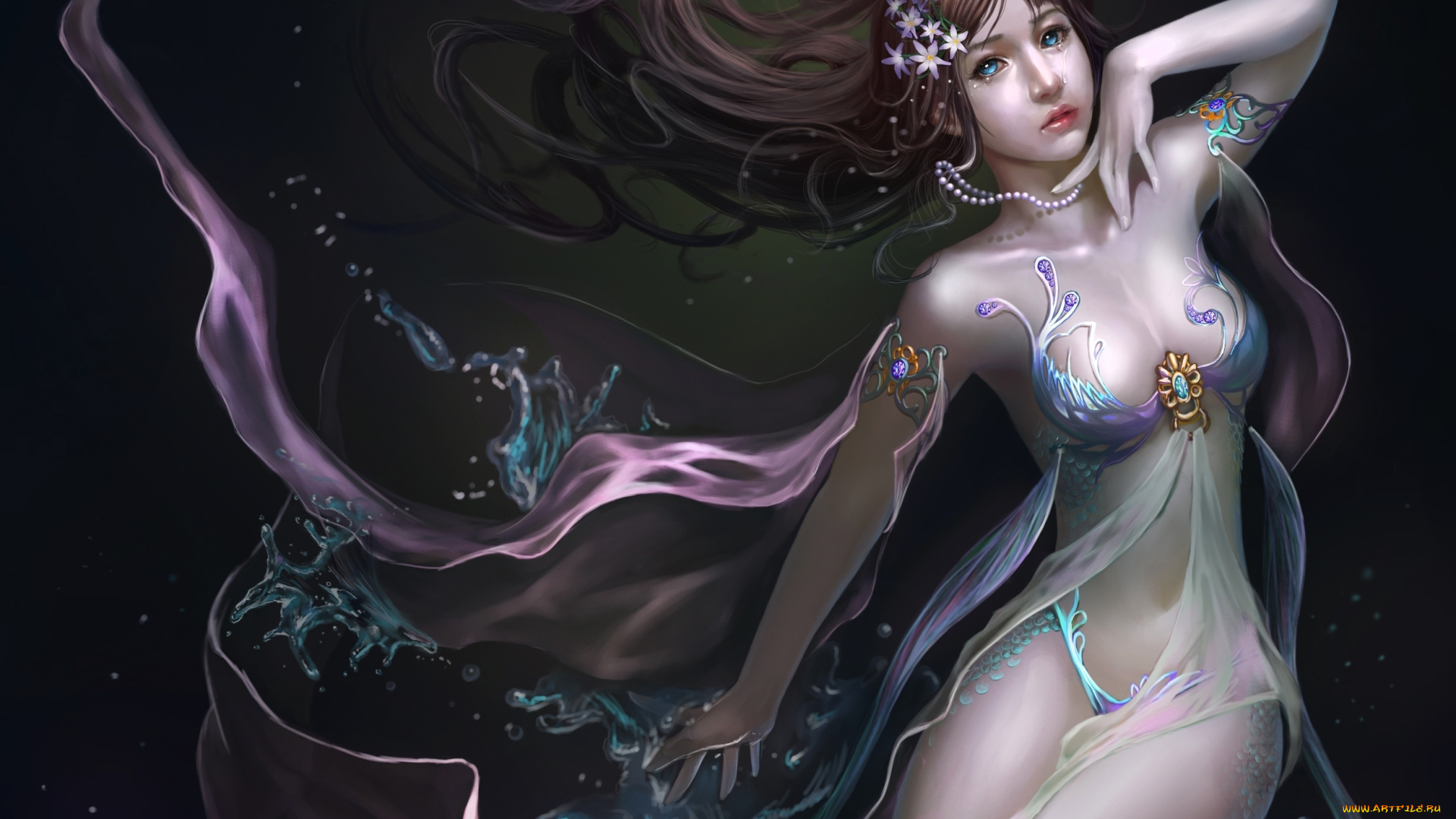 фэнтези, девушки, вода, капли, украшения, слезы