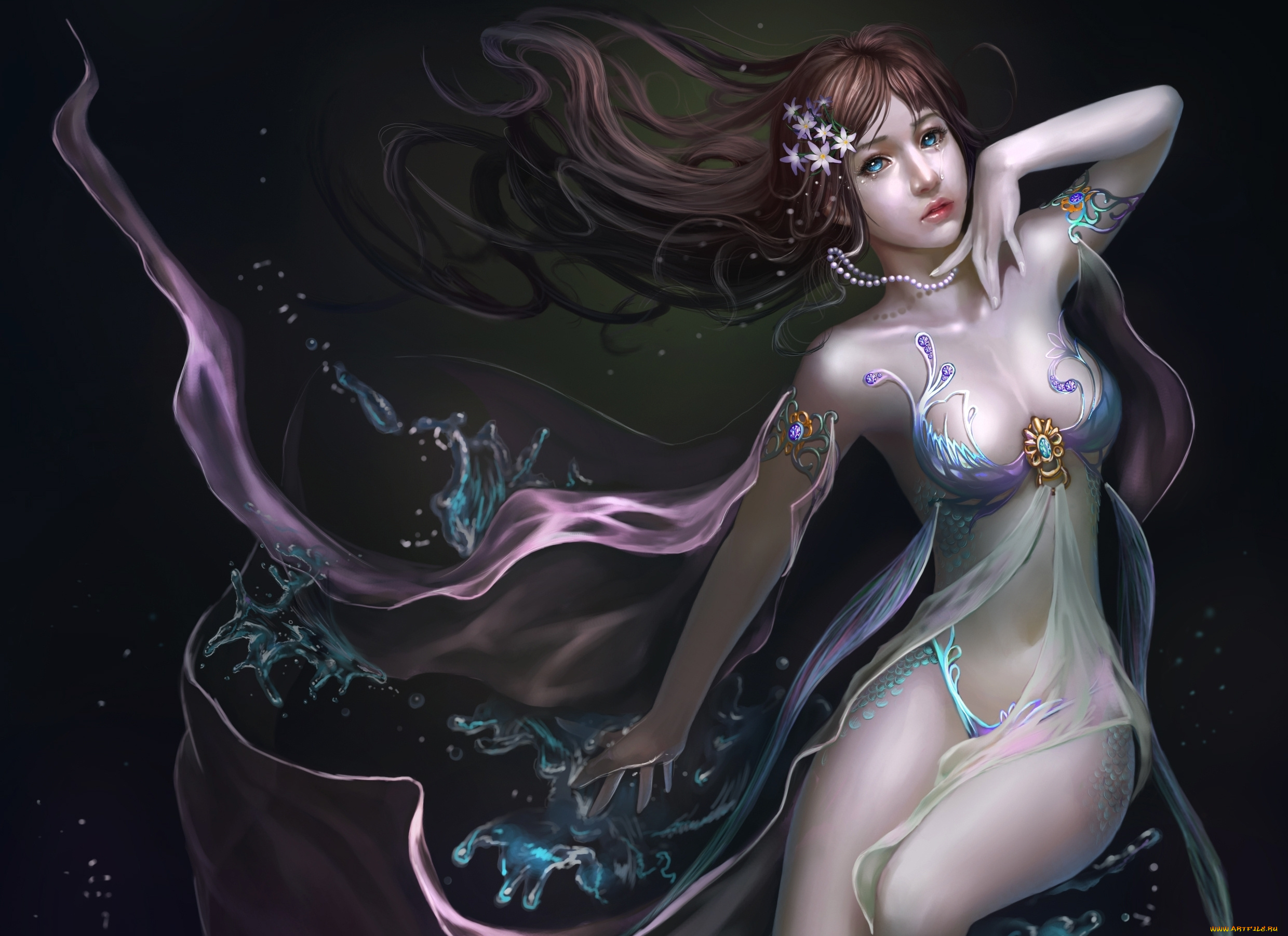 фэнтези, девушки, вода, капли, украшения, слезы