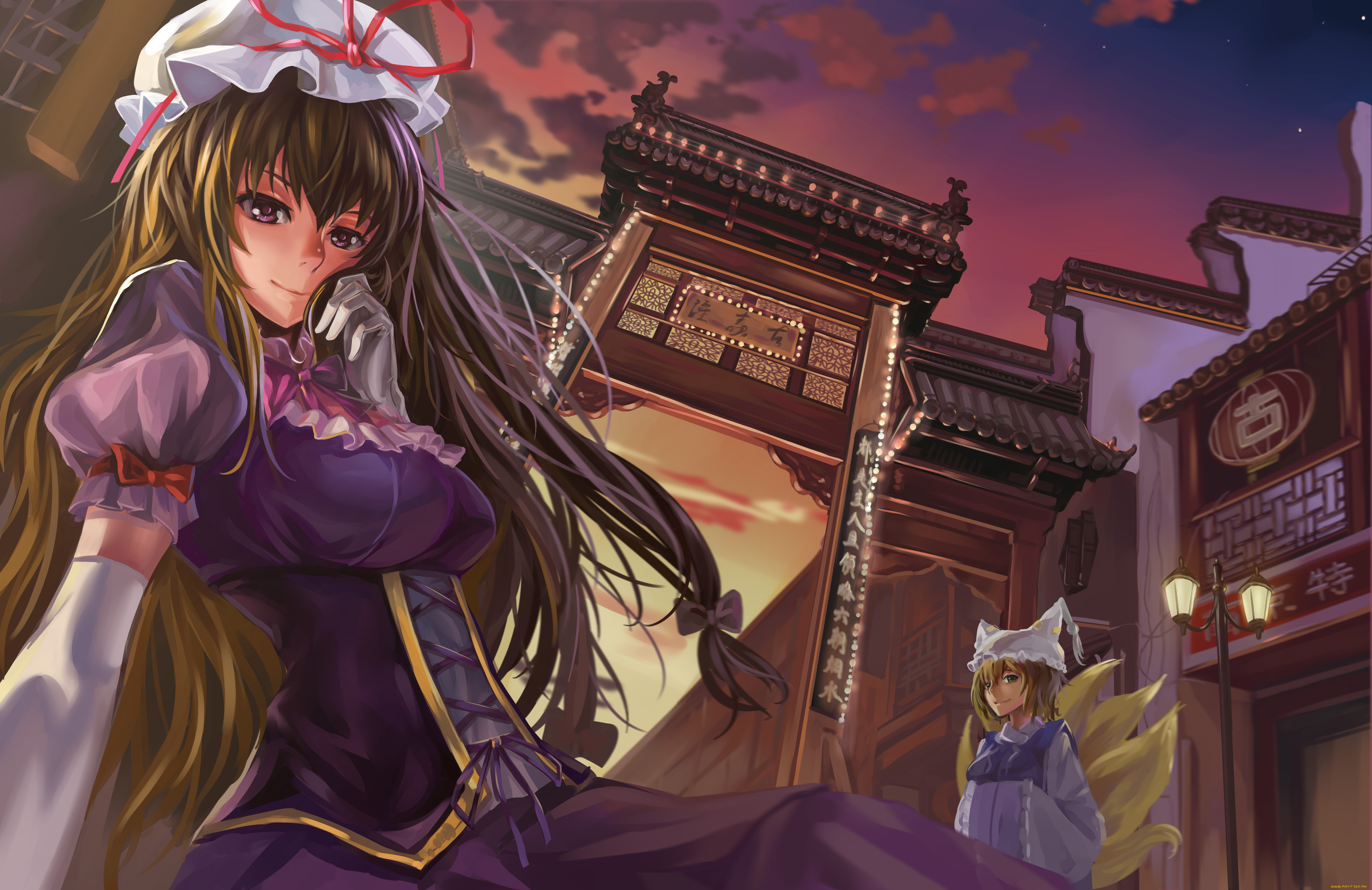 аниме, touhou, бантики, вечер, фонарь, город