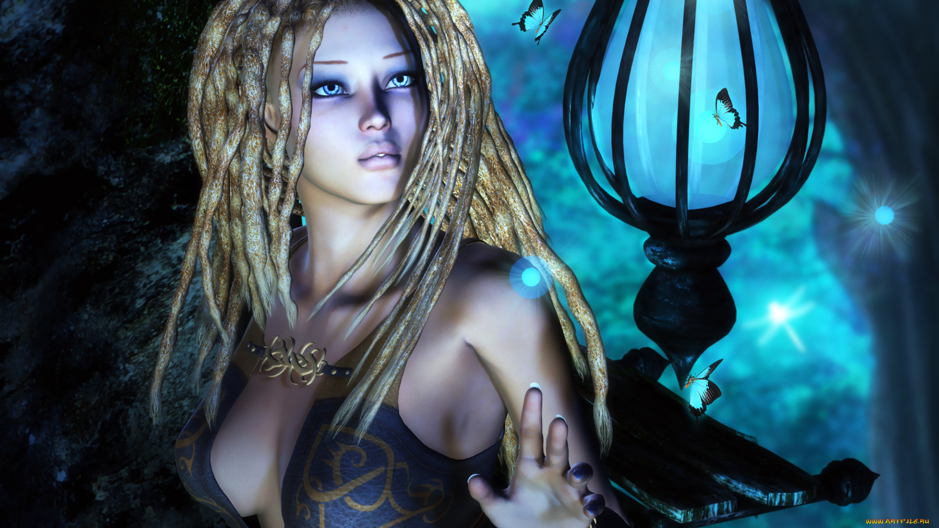 3д, графика, people, люди, бабочки, синий, свет, девушка, лицо, рука, фонарь