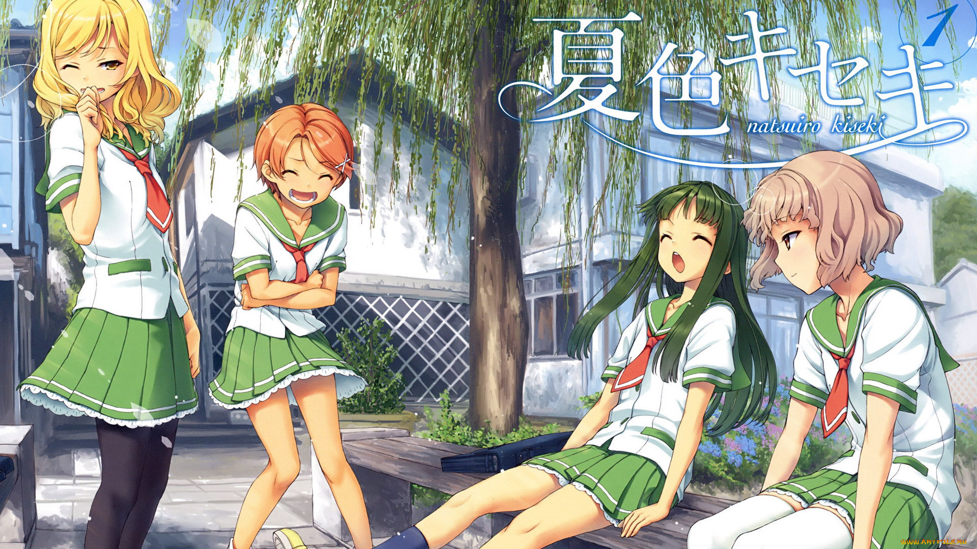 аниме, natsuiro, kiseki, девушки, дерево, скамейка