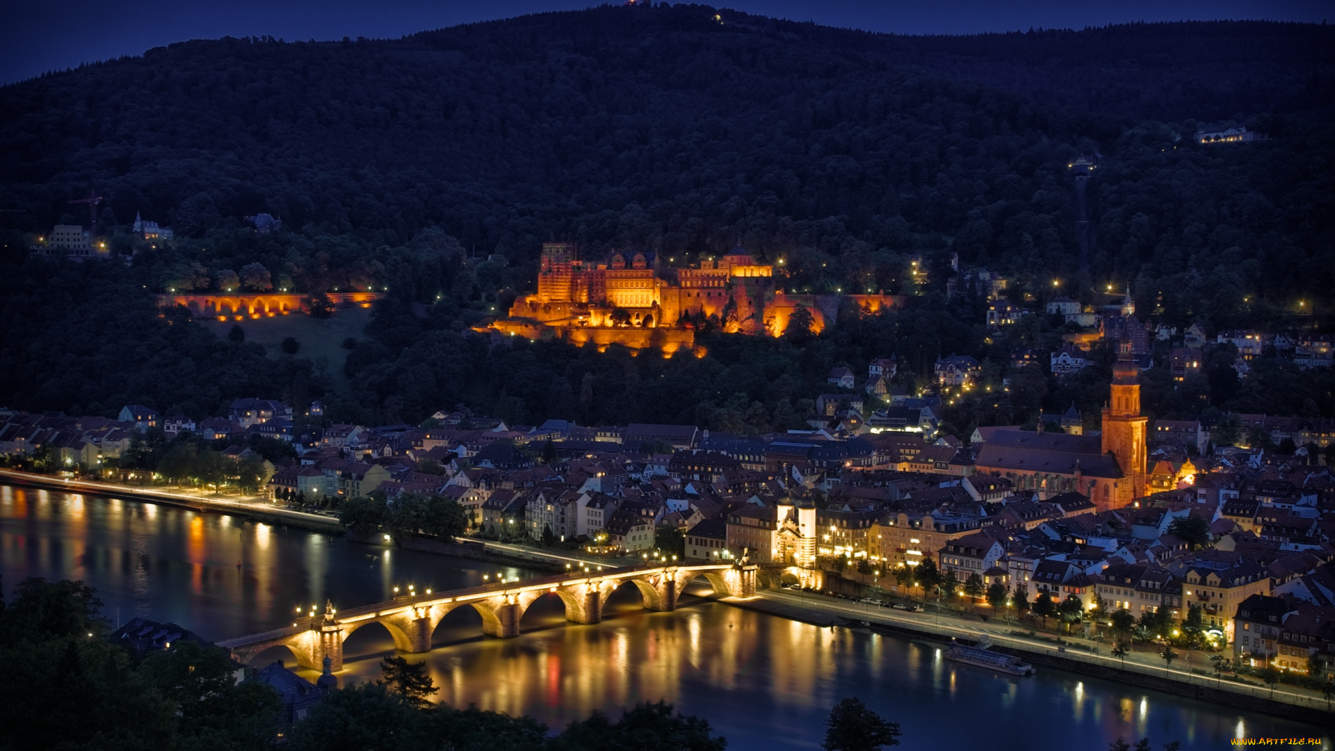 гейдельберг, германия, города, мост, река, ночь, крыши