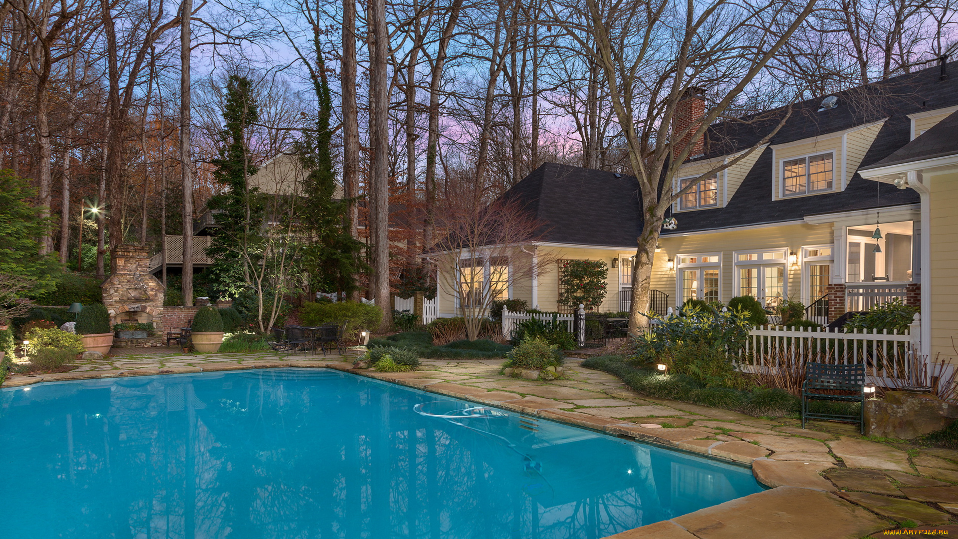интерьер, бассейны, открытые, площадки, лес, бассейн, дом