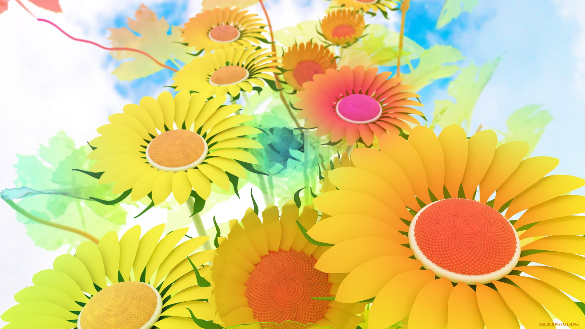 векторная, графика, ромашки, листья, цветы