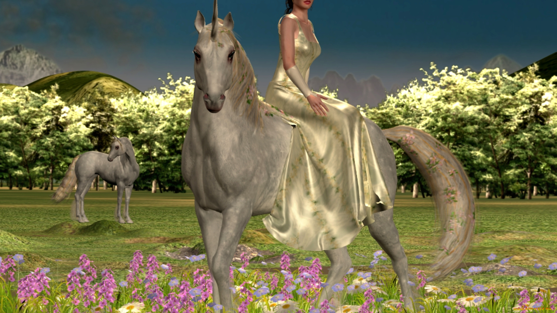 3д, графика, fantasy, , фантазия, единороги, девушка, природа