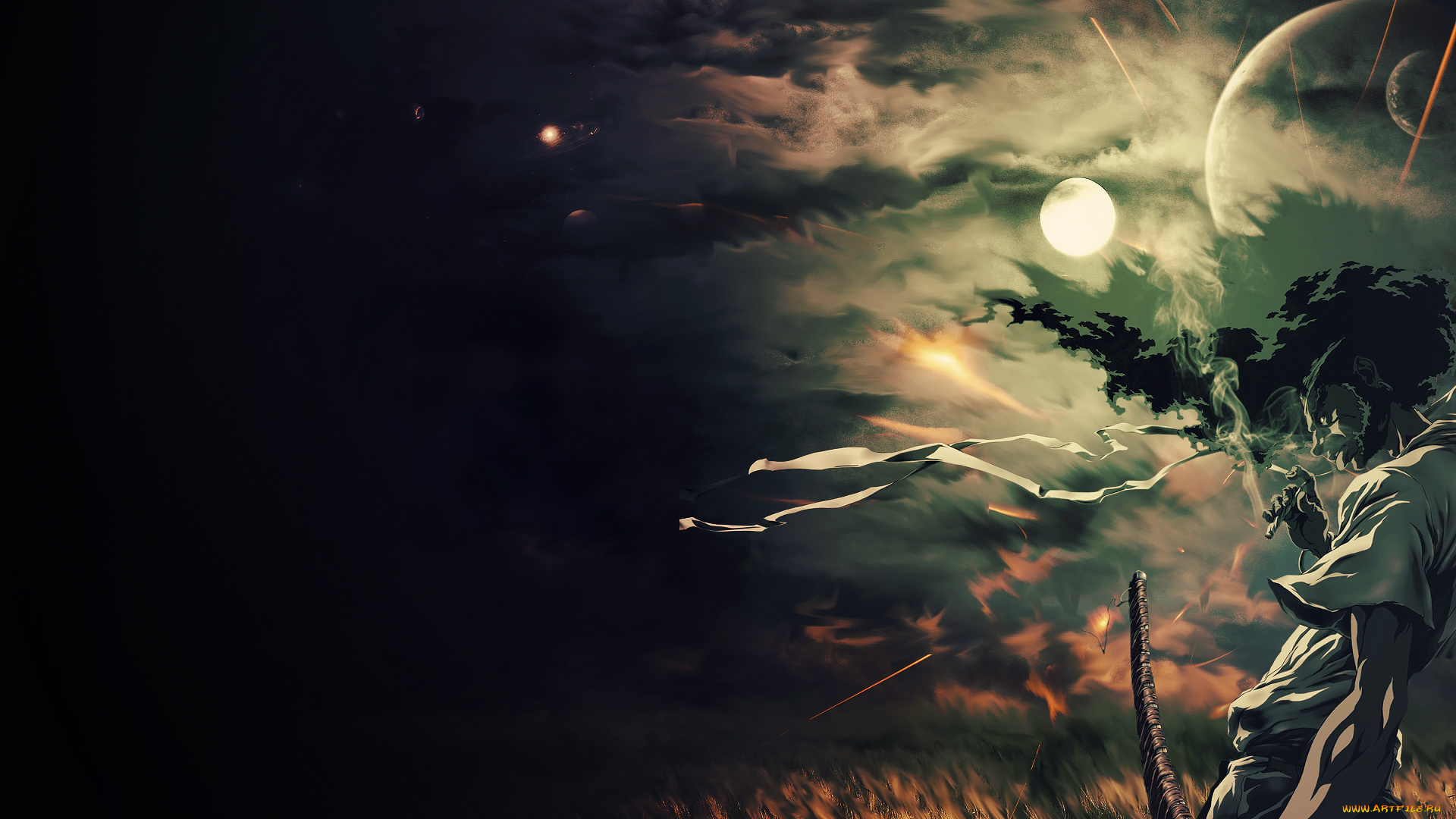 аниме, afro, samurai, сигарета, луна, планеты, небо, меч, парень, курит, ночь