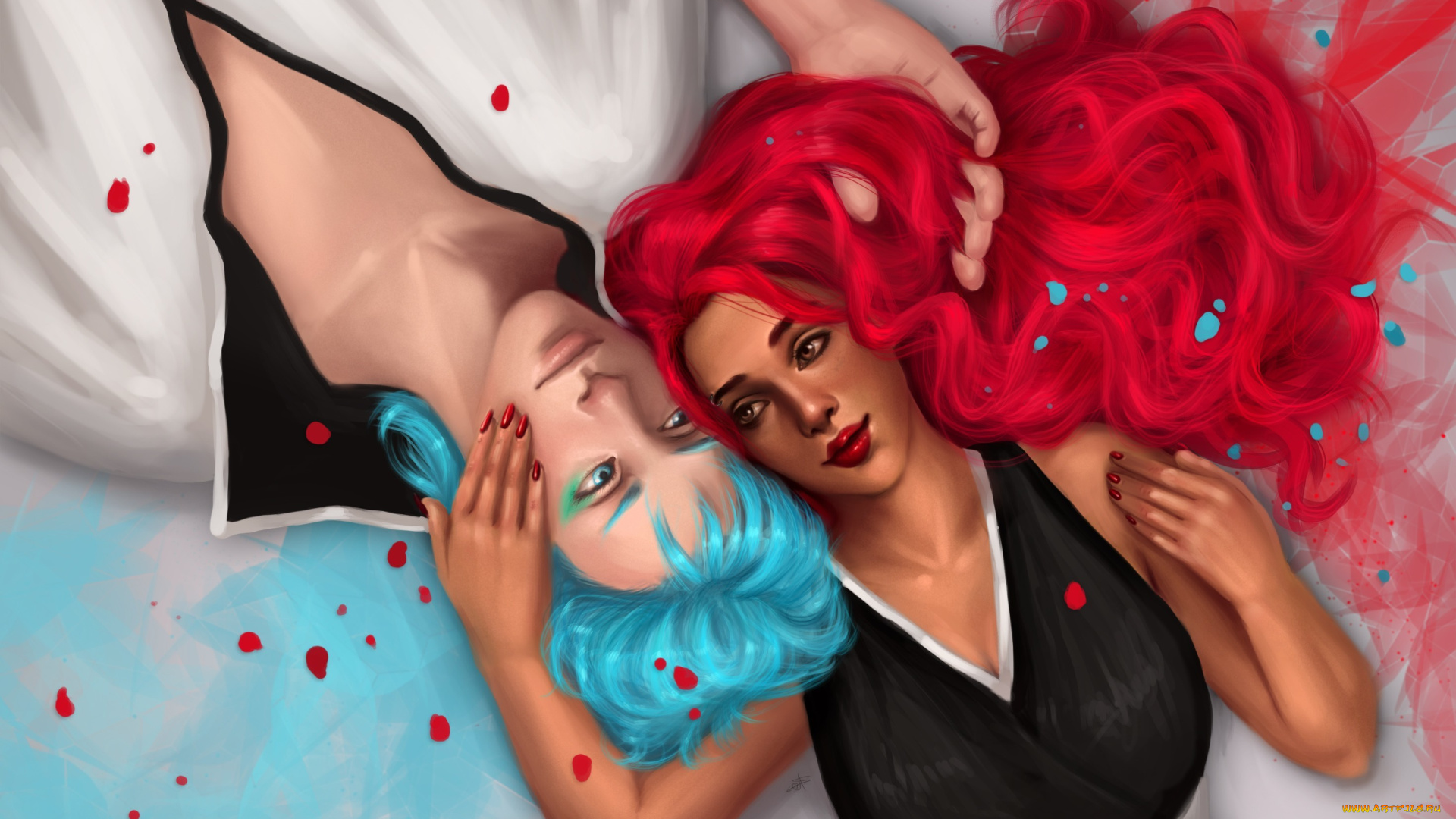 аниме, bleach, гримджоу, джагерджак, аранкар, секста, пара, нежность, арт, девушка, синие, волосы, точки, парень, эспада, пустой