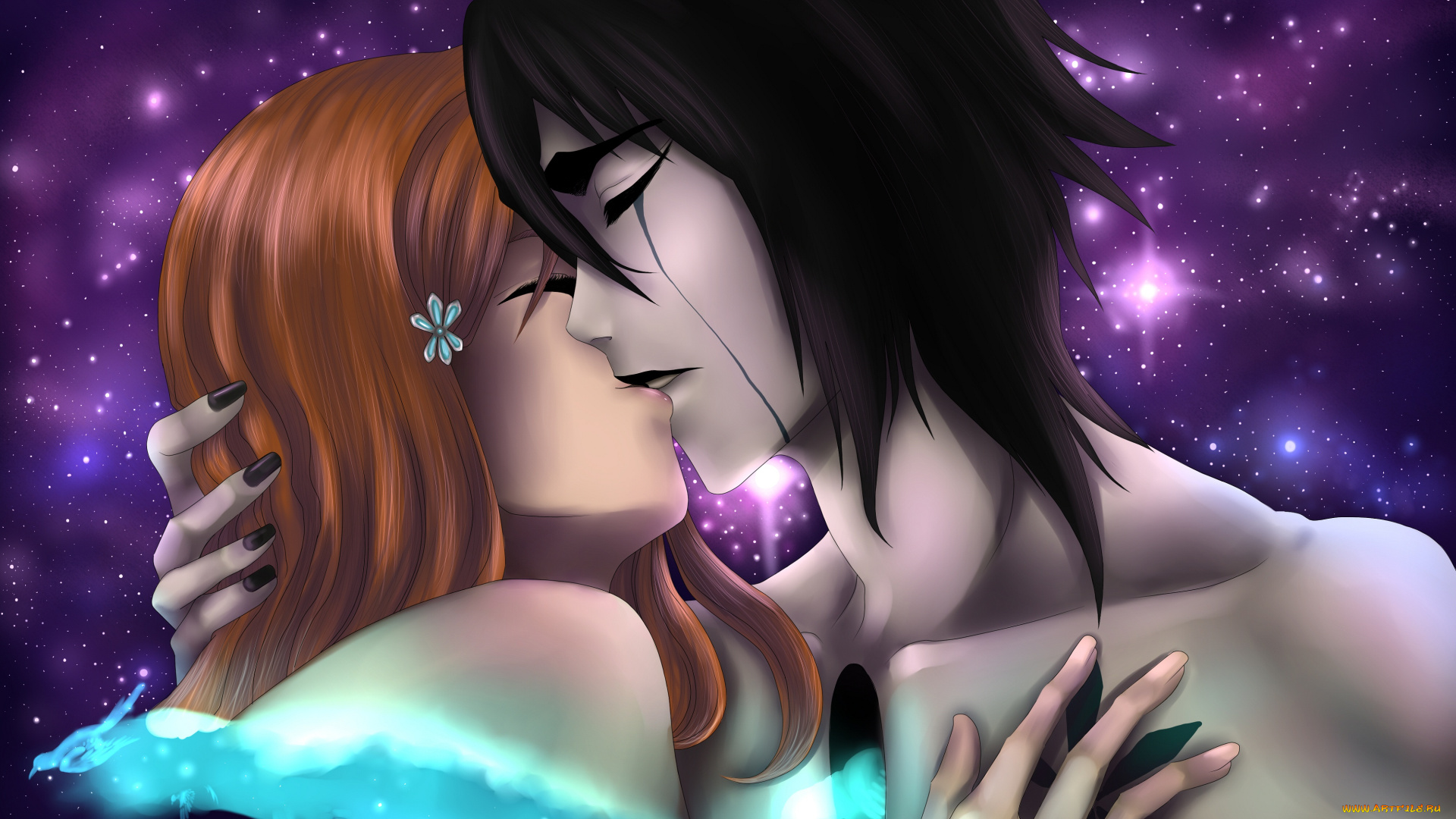 аниме, bleach, поцелуй, любовь, парень, пара, арт, рыжая, брюнет, девушка, эспада, аранкар, заколка, птицы, звёзды, четвёртый
