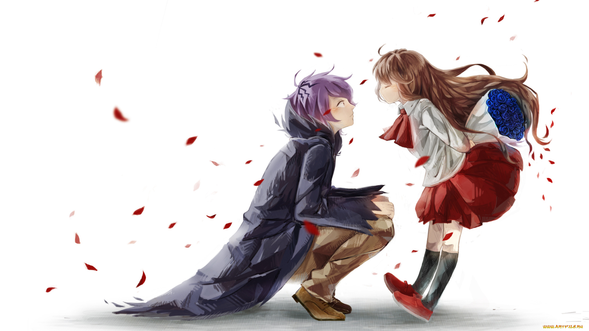 аниме, ib, eve, fuerudashiwakame, gary, арт, девушка, парень, белый, фон, цветы, букет