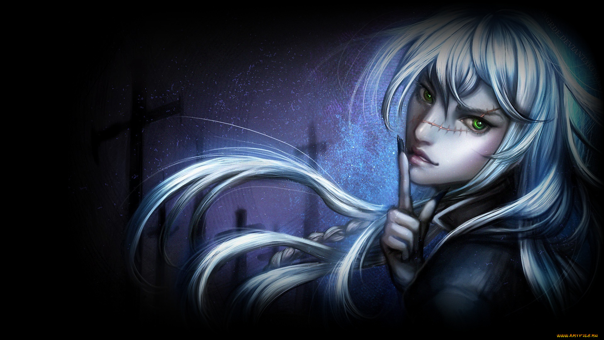 аниме, kuroshitsuji, шрам, парень, глаза, зелёные, взгляд, длинные, белые, волосы, могильщик, арт, дворецкий, тёмный