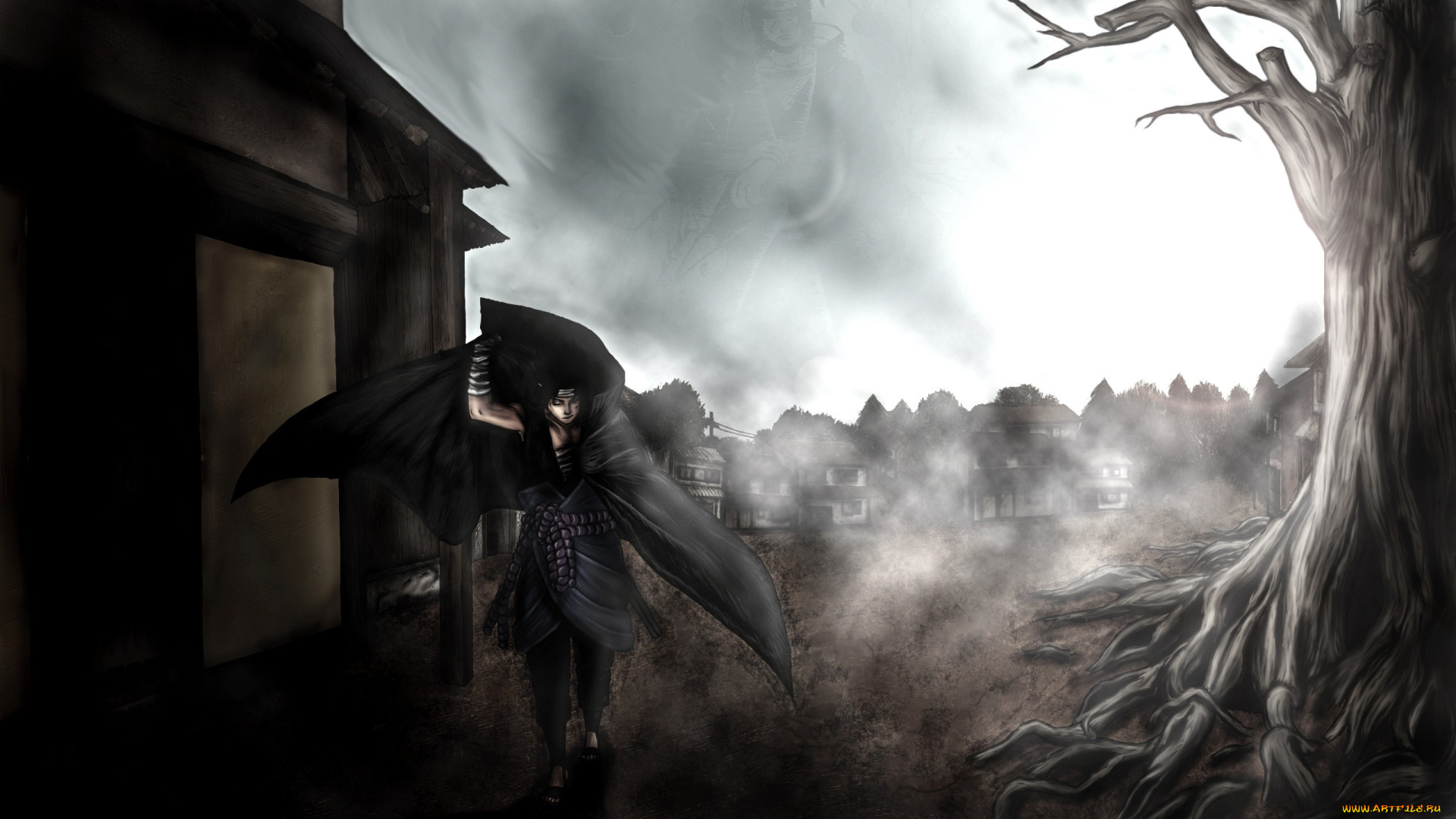 аниме, naruto, арт, наруто, саске, учиха, дерево, дом, накидка, плащ, туман