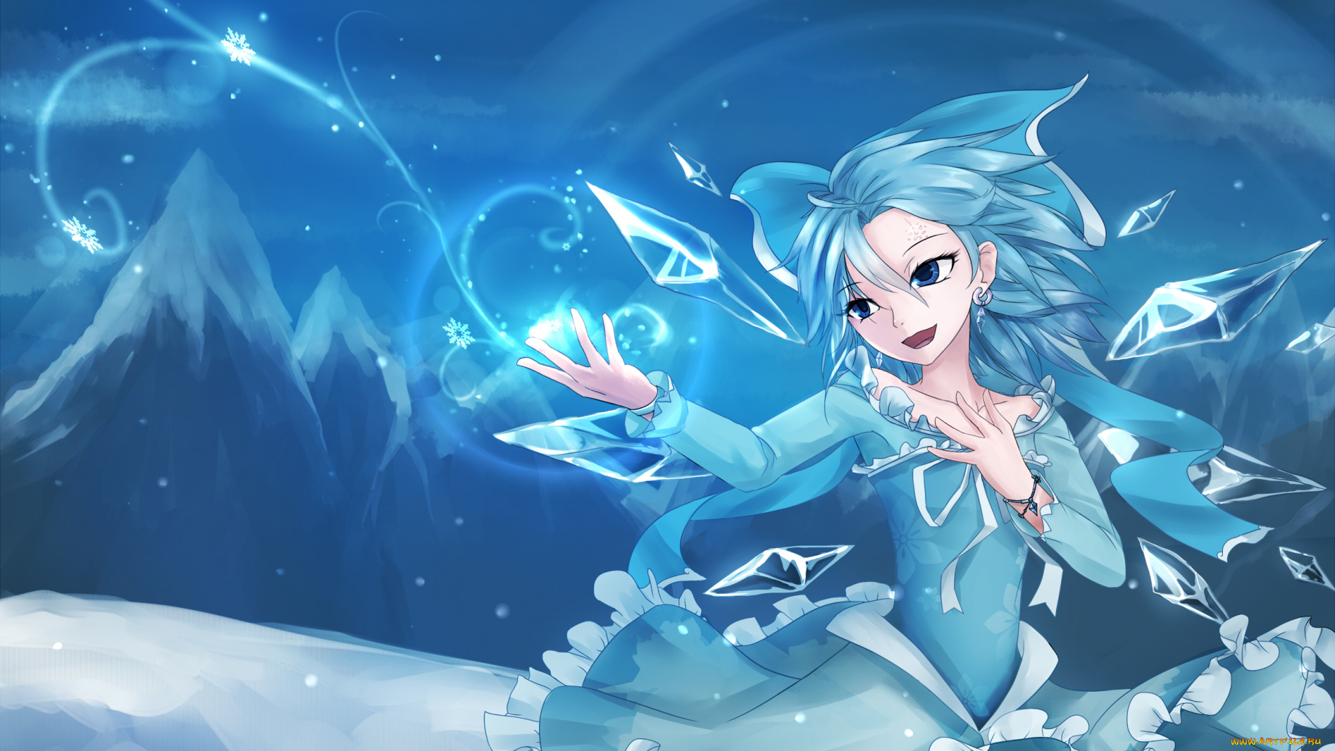 аниме, touhou, арт, кристаллы, снежинки, девушка, cirno, холод, крылья, disney, frozen, sen, ya