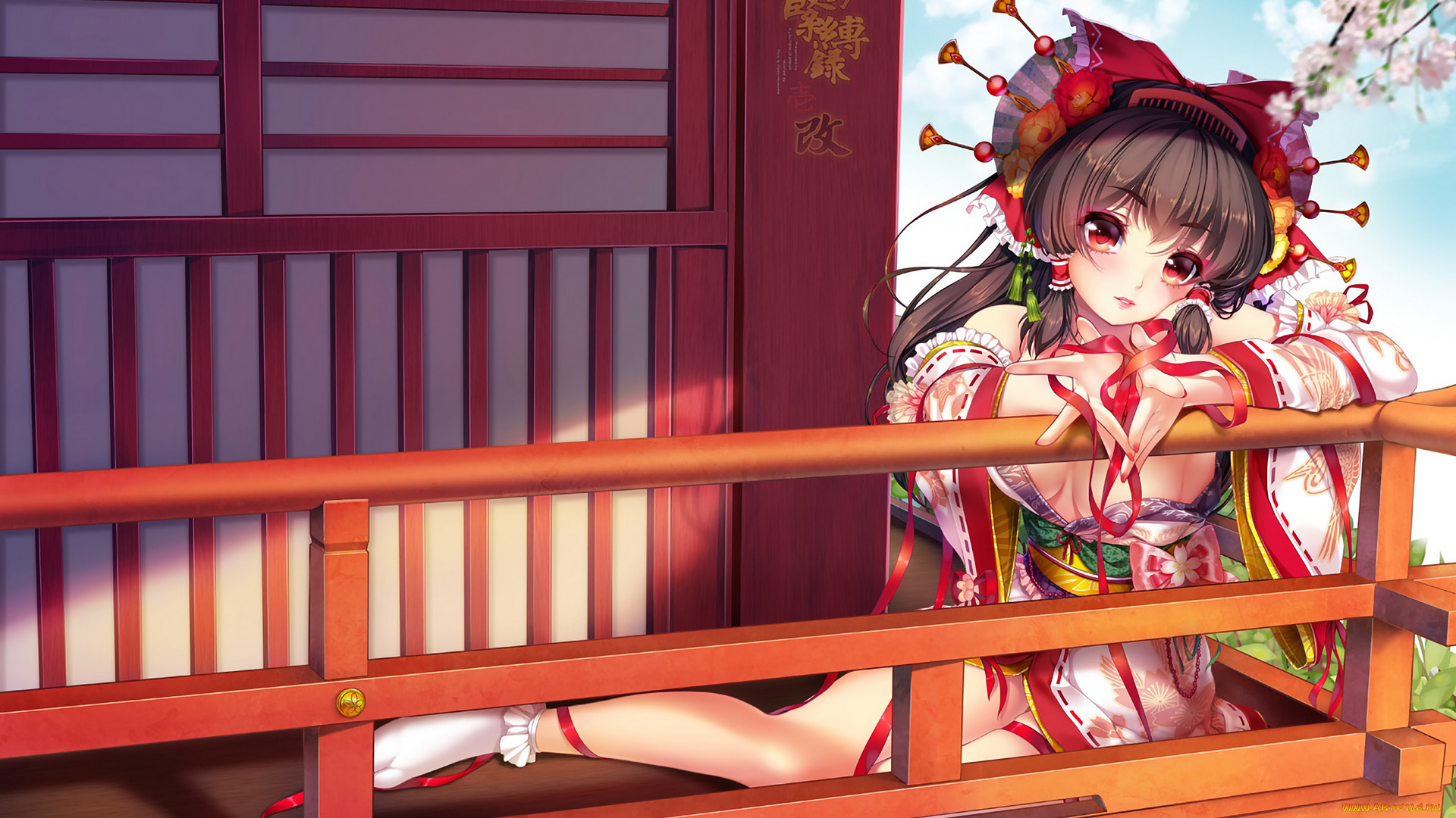 аниме, touhou, hakurei, reimu, paint, musume, art, домик, кимоно, прическа, девушка, вишня