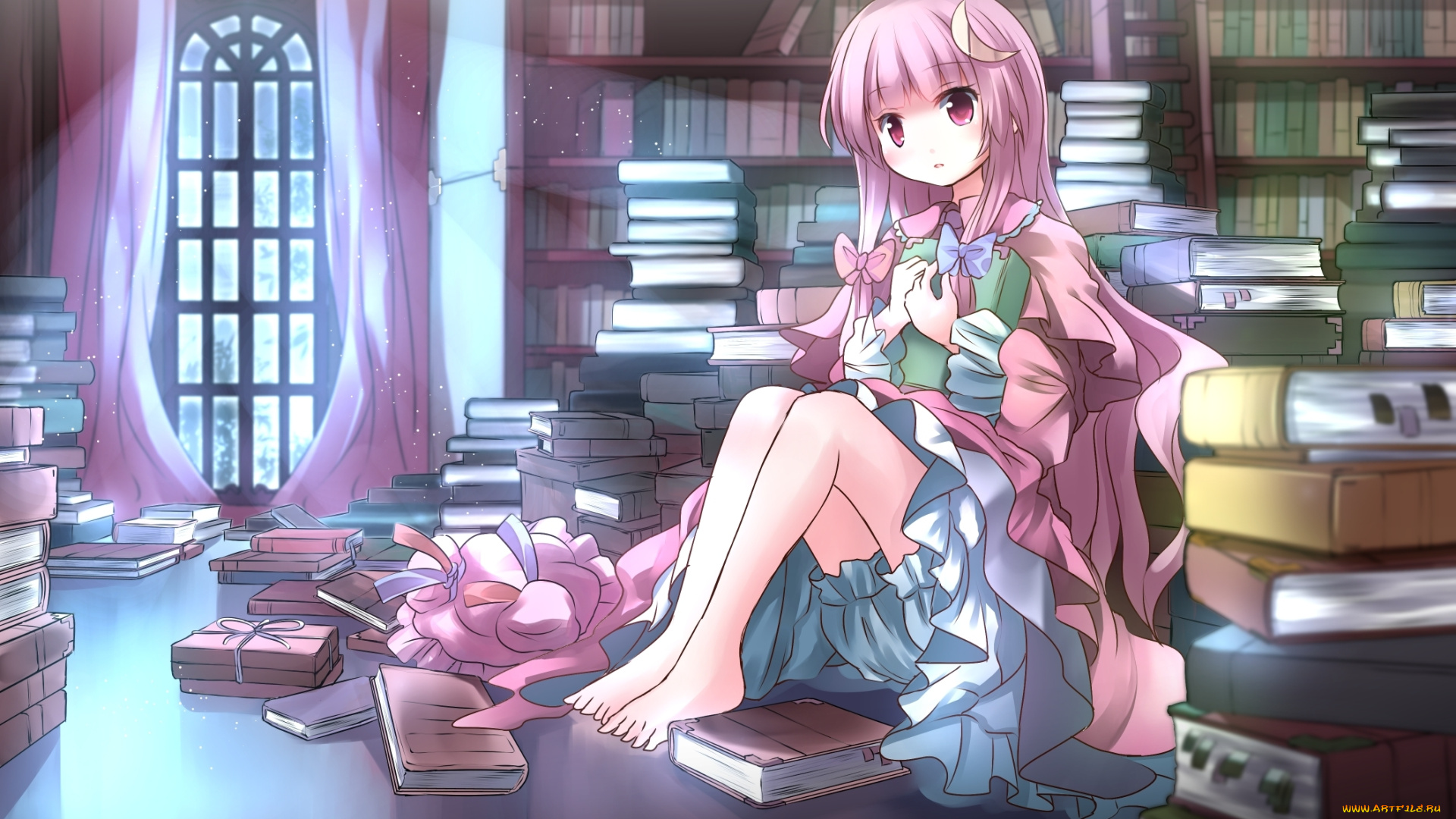 аниме, touhou, лунный, свет, ночь, окно, комната, книги, сидит, румянец, взгляд, девушка, patchouli, knowledge, risutaru, art