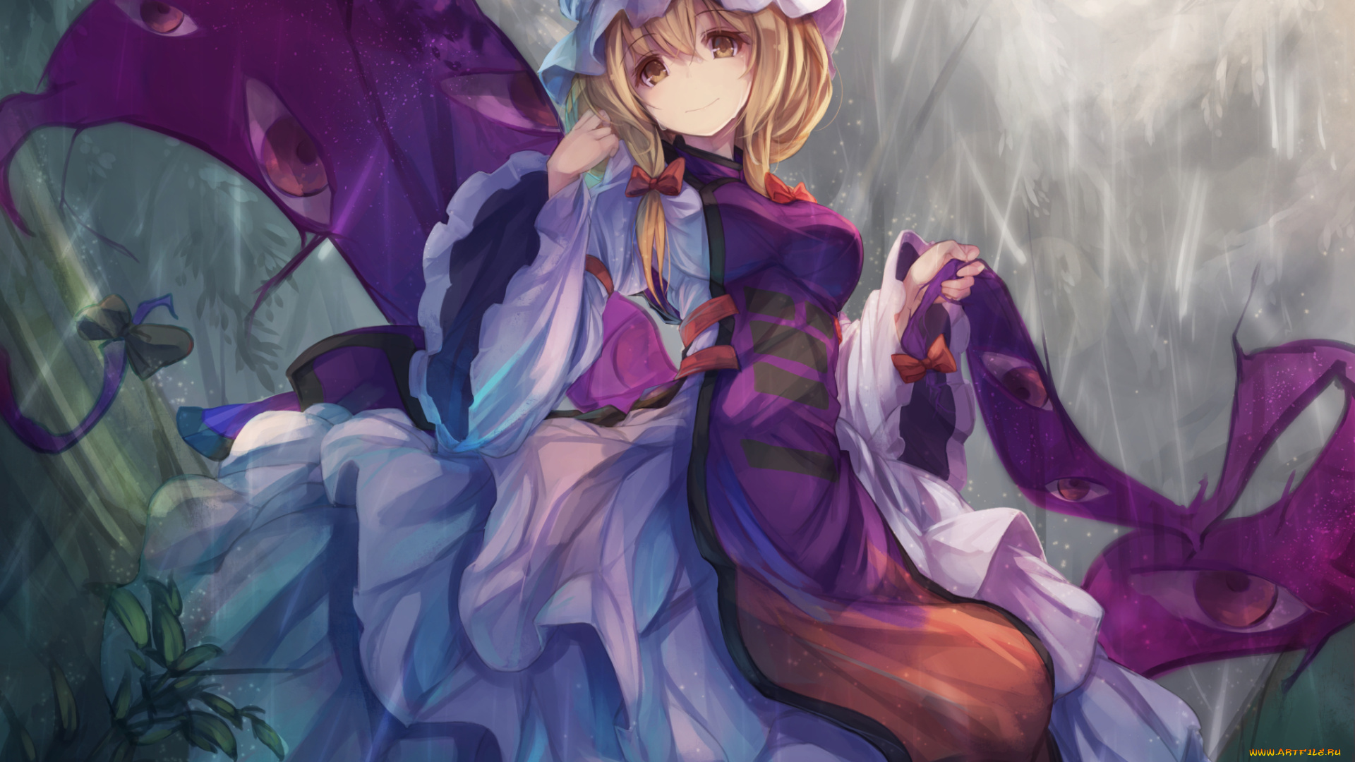 аниме, touhou, платье, шарф, yakumo, yukari, чепчик, глаза, арт, halmaro, девушка