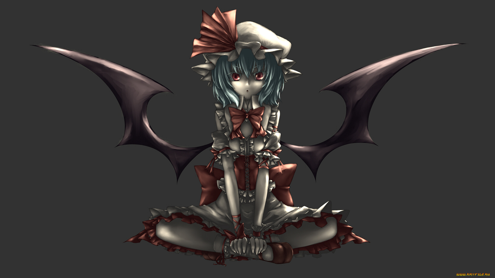 аниме, touhou, серый, фон, игра, remilia, scarlet, крылья, девушка, art