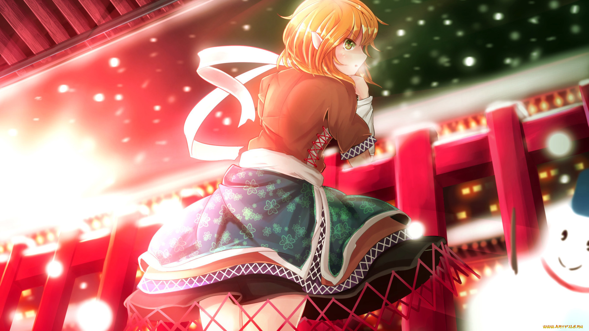 аниме, touhou, взгляд, art, шарф, перила, снеговик, снег, стоит, юбка, блузка, девушка, mizuhashi, parsee, крыша