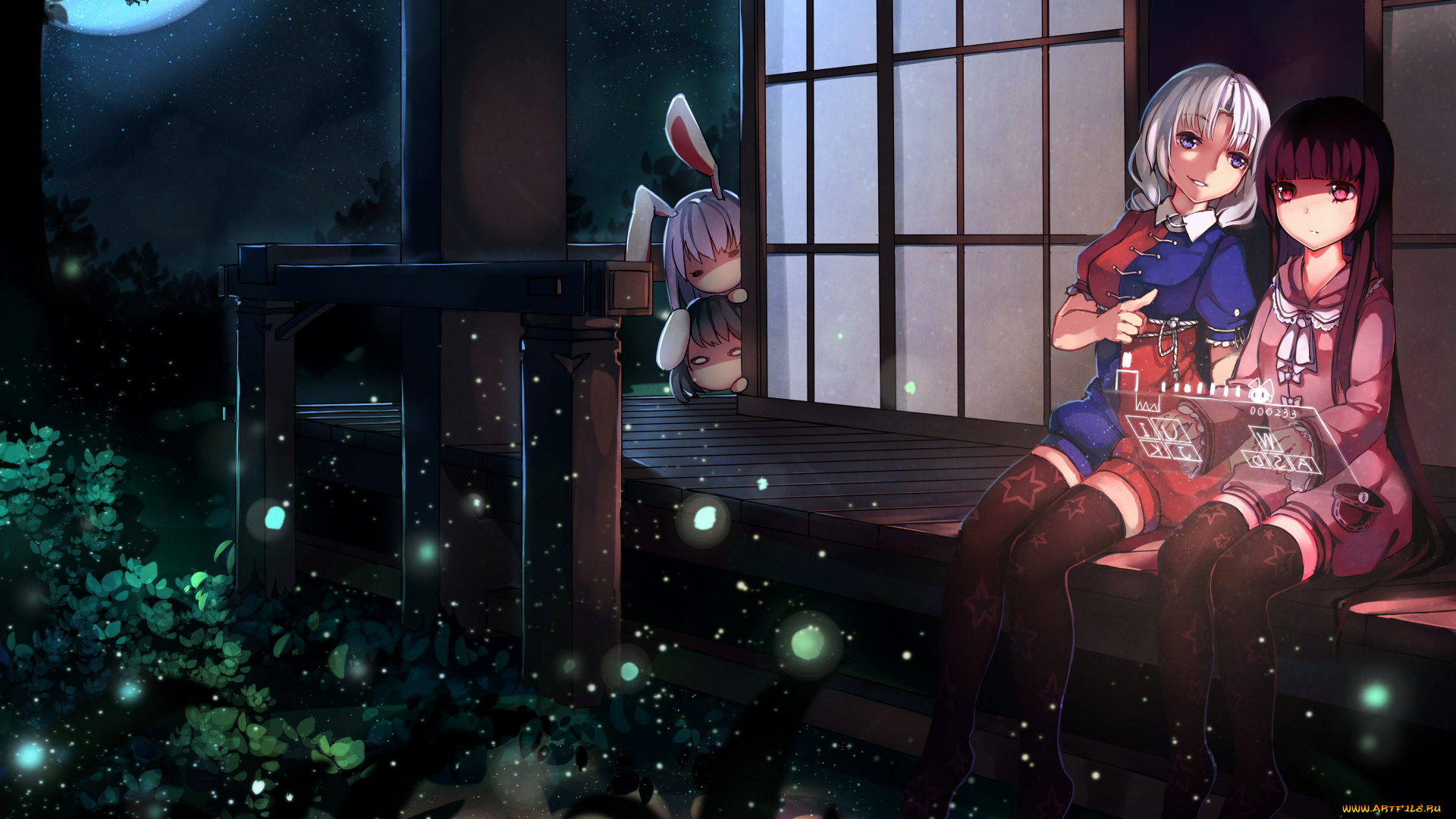 аниме, touhou, yagokoro, eirin, ouhou, houraisan, kaguya, reisen, udongein, inaba, kirisame, marisa, тохо, трава, свет, светляки, ночь, девушки, tewi, звезды, небо, ножки, чулки, луна